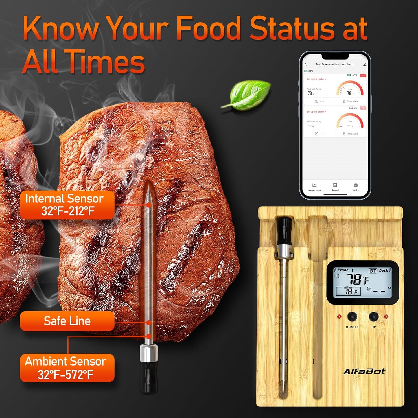 AlfaBot Wireless Meat Thermometer with 2 Meat Probes, 520 FT Bluetooth Meat Thermometer with Digital Food Thermometer for Remote Monitoring of BBQ Grill, Oven