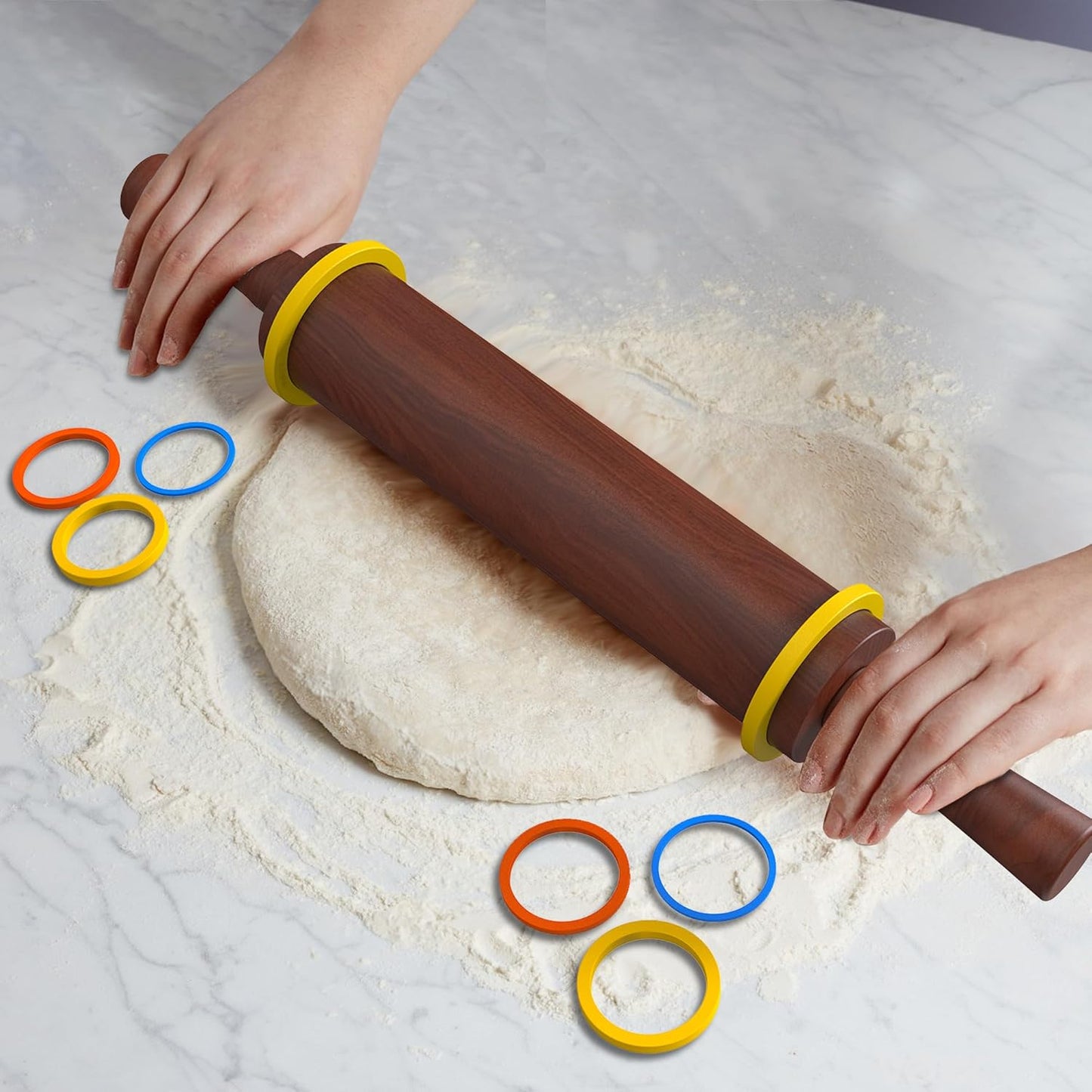 Classic Wooden Rolling Pin with Handle for Fondant, Pizza, Pies, Cookies, Pastries, Rolling Pin for Baking with 3 Multi-Color Thickness Rings, 17" x 2.5" (Include handle) Sapele Rolling Pin