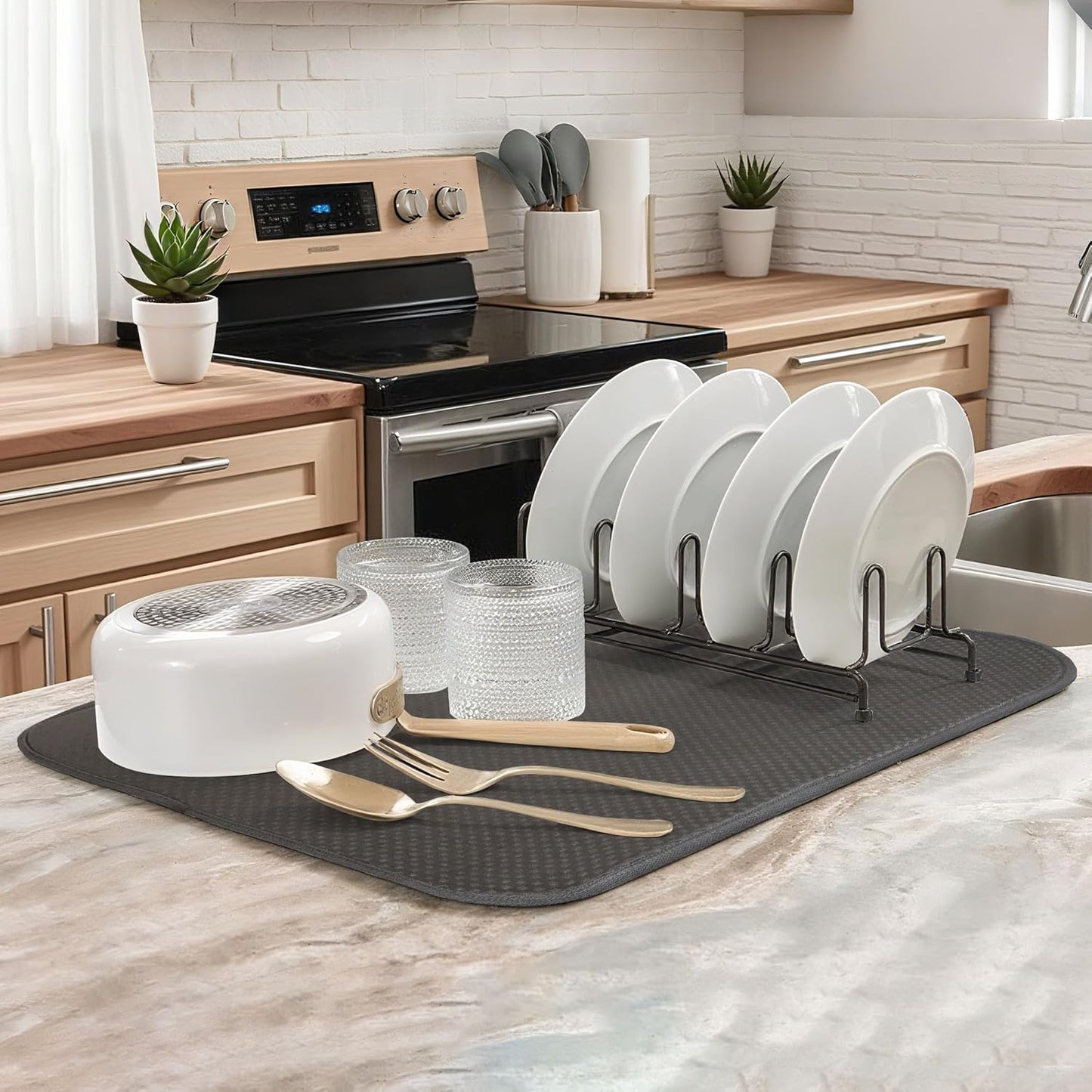 2-Pack Dark Gray Dish Drying Mats 20" x 15" – XL Kitchen Drying Mat for Countertop, Absorbent Microfiber Dish Rack Mat, Foldable Dish Pad for Dishes, Pans – Reusable Dish Drainer Mat