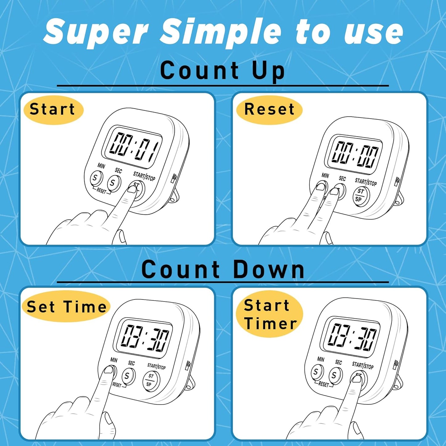 Pack of 4 - Kitchen Timer with Big Digital Numbers and Loud Alarm - Kitchen Timers for Cooking, Classroom for Kids, Gym, Yoga, Office.