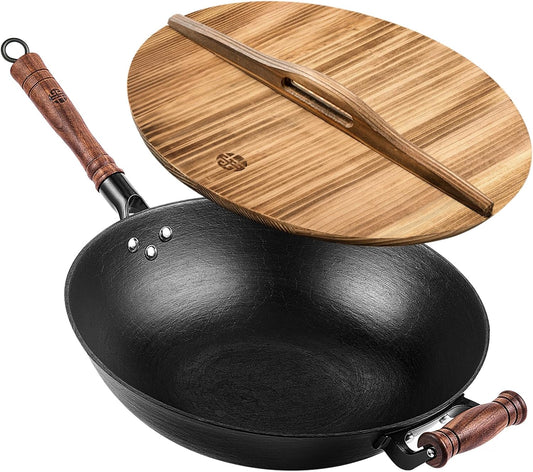 WANGYUANJI 13.4 Inch Cast Iron Wok with Lid – Flat Bottom Chinese Stir Fry Pan, Handcrafted Non-Coated Iron Cookware for Induction, Gas & Electric Stoves, Black