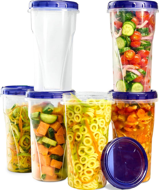 PLASTICPRO 6 Pack Twist Cap Food Storage Containers with Blue Screw on Lid- 48 oz Reusable Meal Prep Containers - Large Freezer Containers Microwave Safe Blue Plastic Food Storage