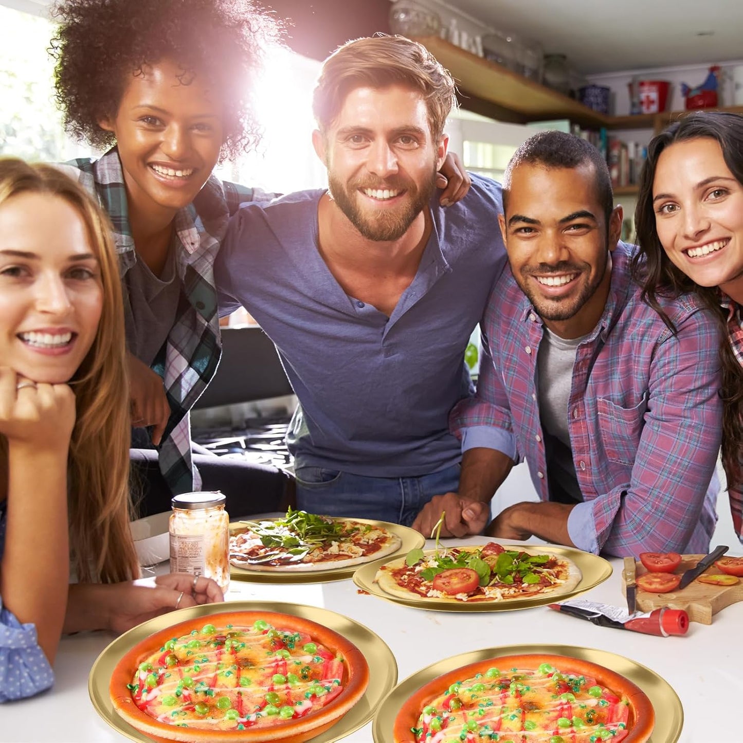 Thenshop 8 Pieces 12 Inch Pizza Pans Bulk Stainless Steel Sets Round Bakeware Pizza Trays for Oven Kitchen Baking Home Restaurant Safe Sturdy Reusable Easy Clean(Gold)