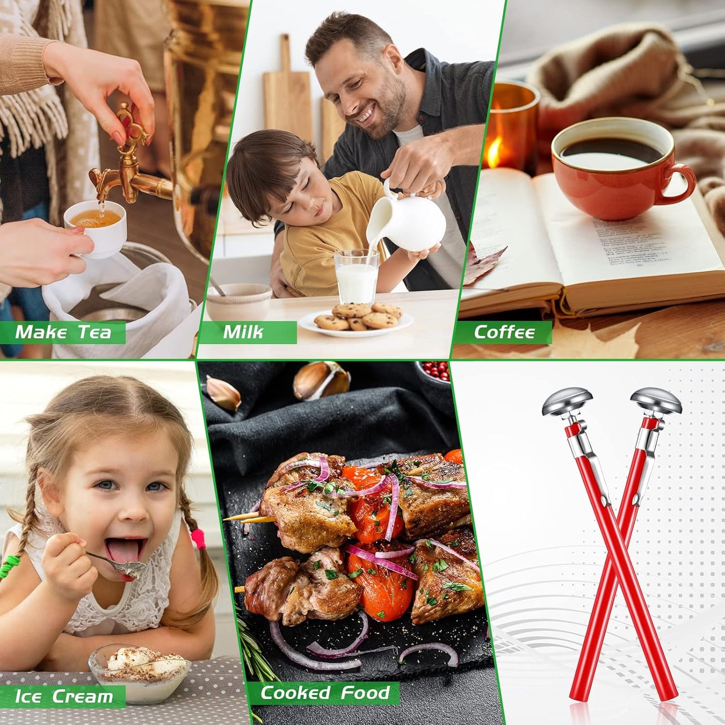 Xuhal 6 Pcs Stainless Steel Kitchen Thermometer with 5 Inch Long Stem 1 Inch Dial Thermometer Milk Frothing Food for Oven Probe Meat Grill BBQ Cooking Chocolate Water(Red)