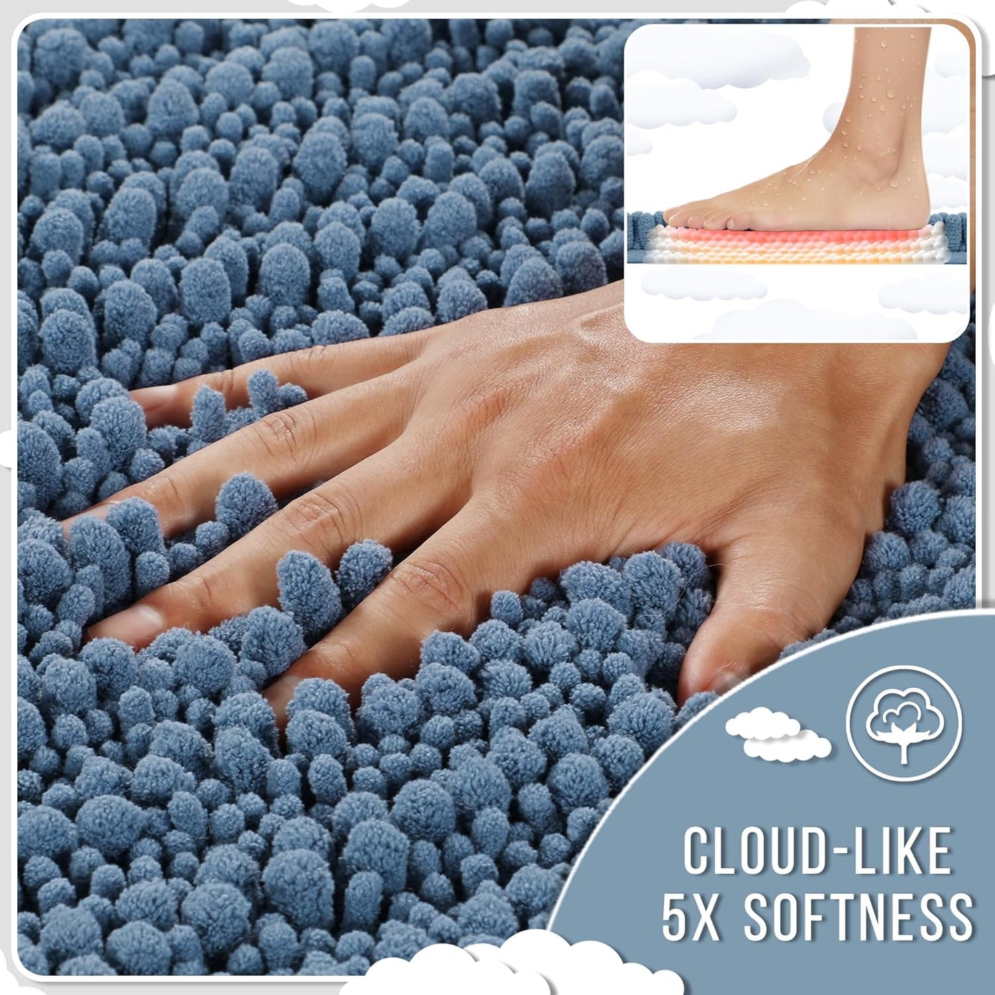 Yimobra Bathroom Runner Rug 55x24 Inch - Extra Long Non Slip Chenille Bath Mat, Soft & Absorbent, Machine Washable Shaggy Hallway Carpet for Vanity Tub Shower, Denim Blue Home Decor Accessories