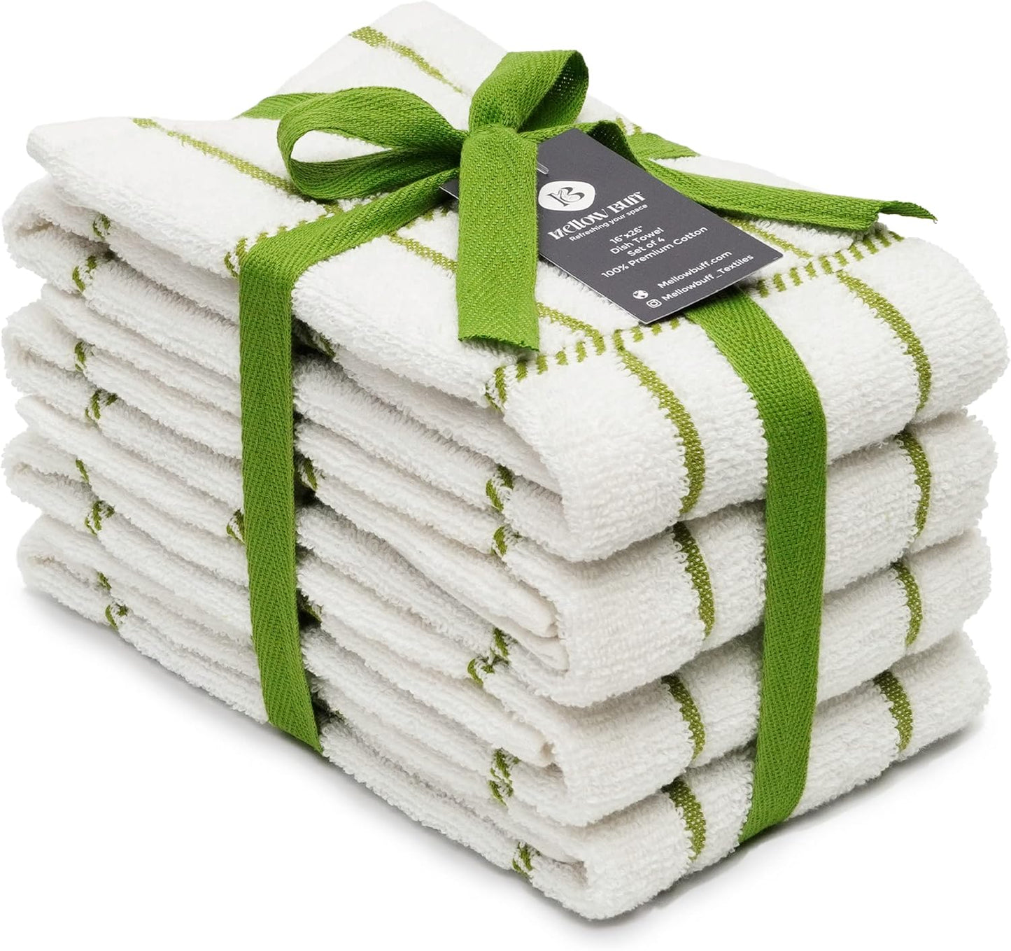 100% Cotton Terry Dish Towels, 4 Pack Checks, 16 x26 Inches, Super Soft and Absorbent Kitchen Towels, Perfect for Kitchen Cleaning and Dish Washing | Green