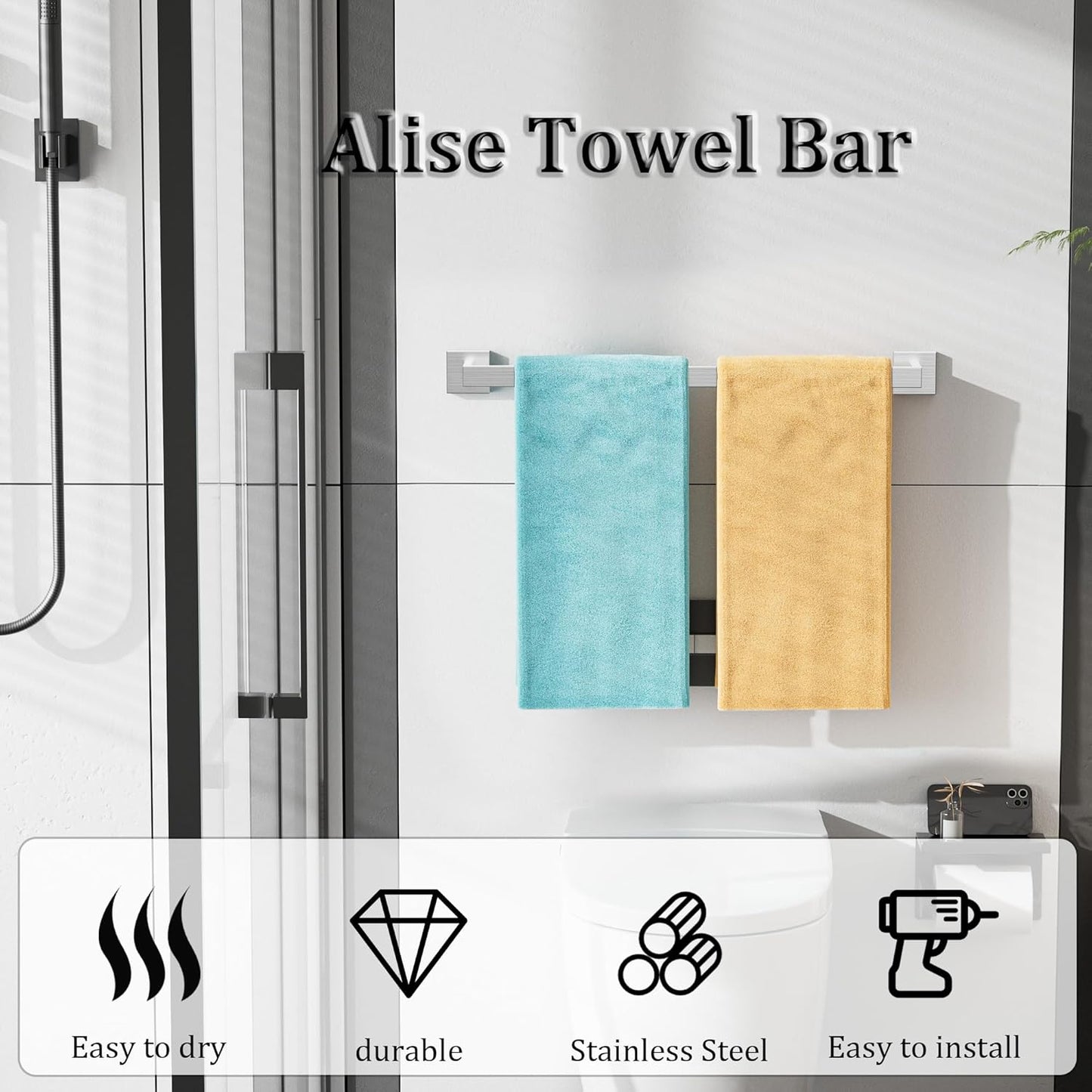 Alise Brushed Nickel Towel Bars,23.62 Inch Towel Holder Towel Racks for Bathroom and Lavatory,SUS304 Stainless Steel Hand Towel Hanger Rail Wall Mount,Useable Length 21.85 Inch Towel Bar, GYT060-LS
