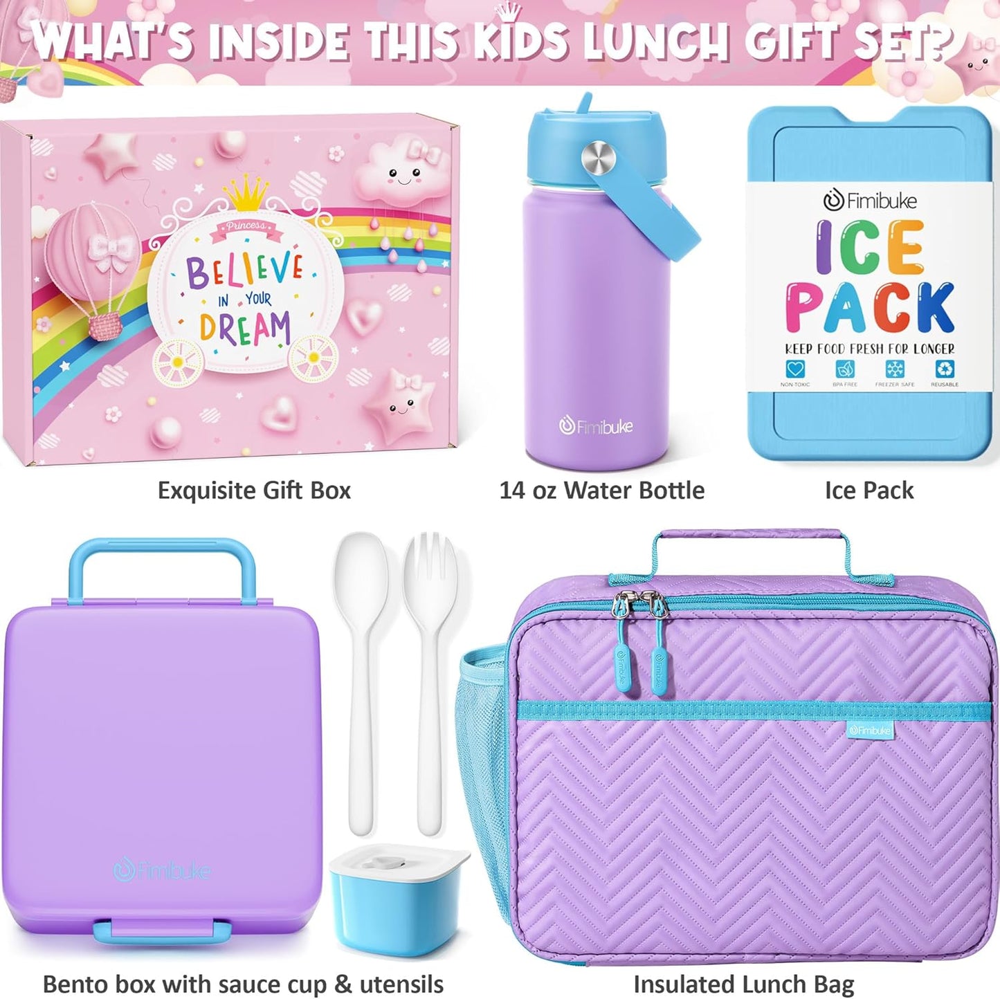 Fimibuke Kids Bento Lunch Box with 4 Compartments, Insulated lunch Bag, Stainless Steel Insulated Water Bottle, Ice Pack & Utensils Set, Birthday Gifts for Ages 3-12 Back to School Toddler Girls Boys