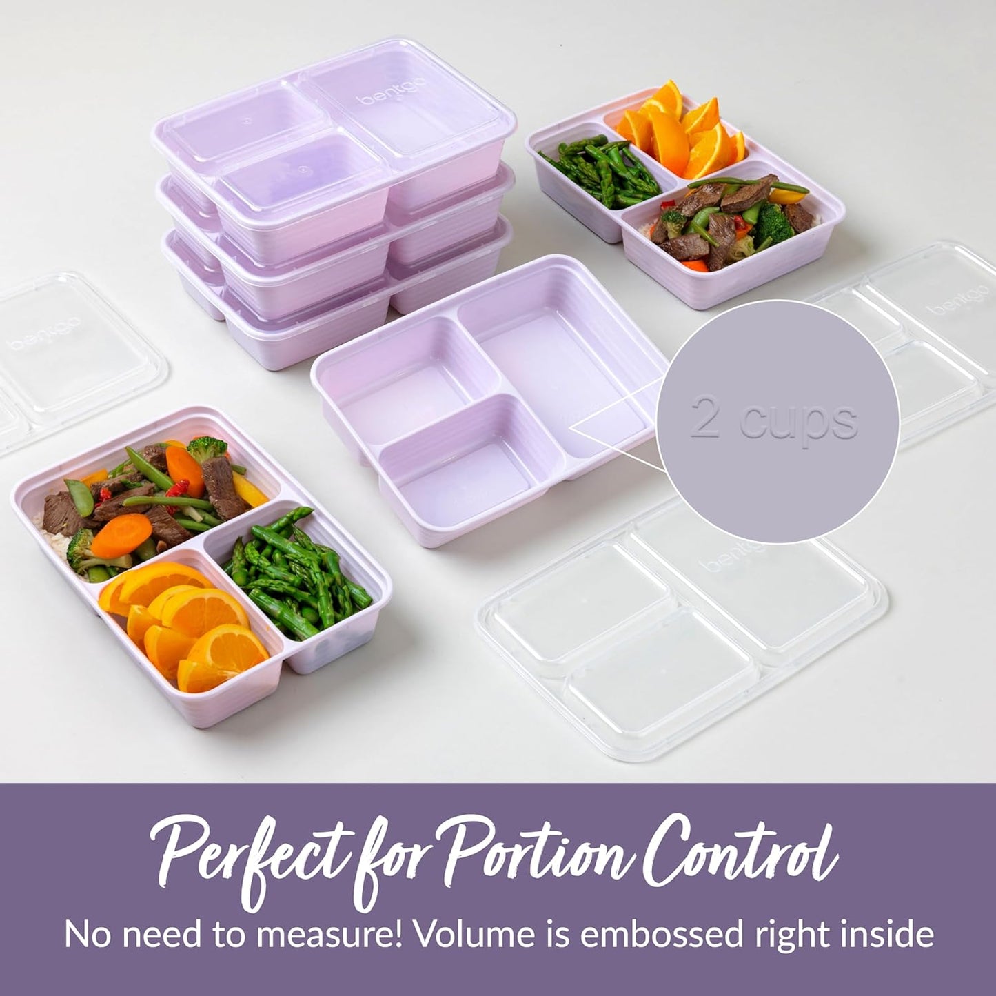 Bentgo 20-Piece Lightweight, Durable, Reusable BPA-Free 3-Compartment Containers - Microwave, Freezer, Dishwasher Safe - Lilac