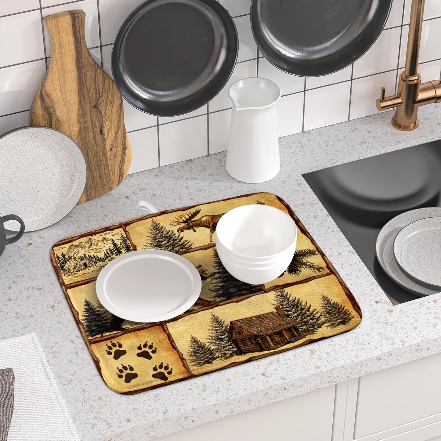 Vintage Bear Moose Dish Drying Mat 16x18 Inch Country Cabin Absorbent Dish Draining Mat Heat Resistant Drying Pad for Counter Sink Home