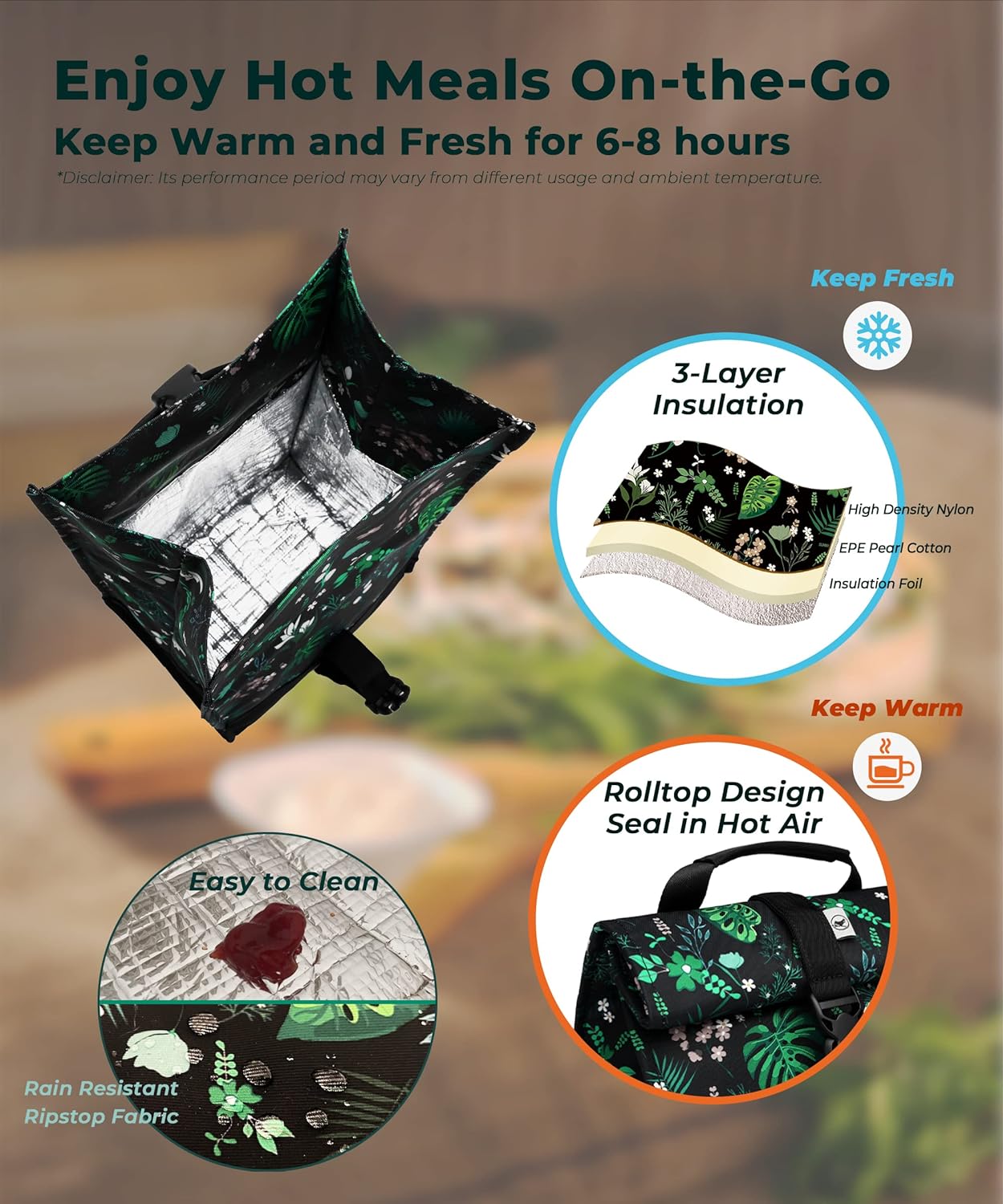 SUNNY BIRD Insulated Lunch Bag Rolltop Lunch Box Tote Bag for Women, Men, Adults and Teens (Floral & Foliage)