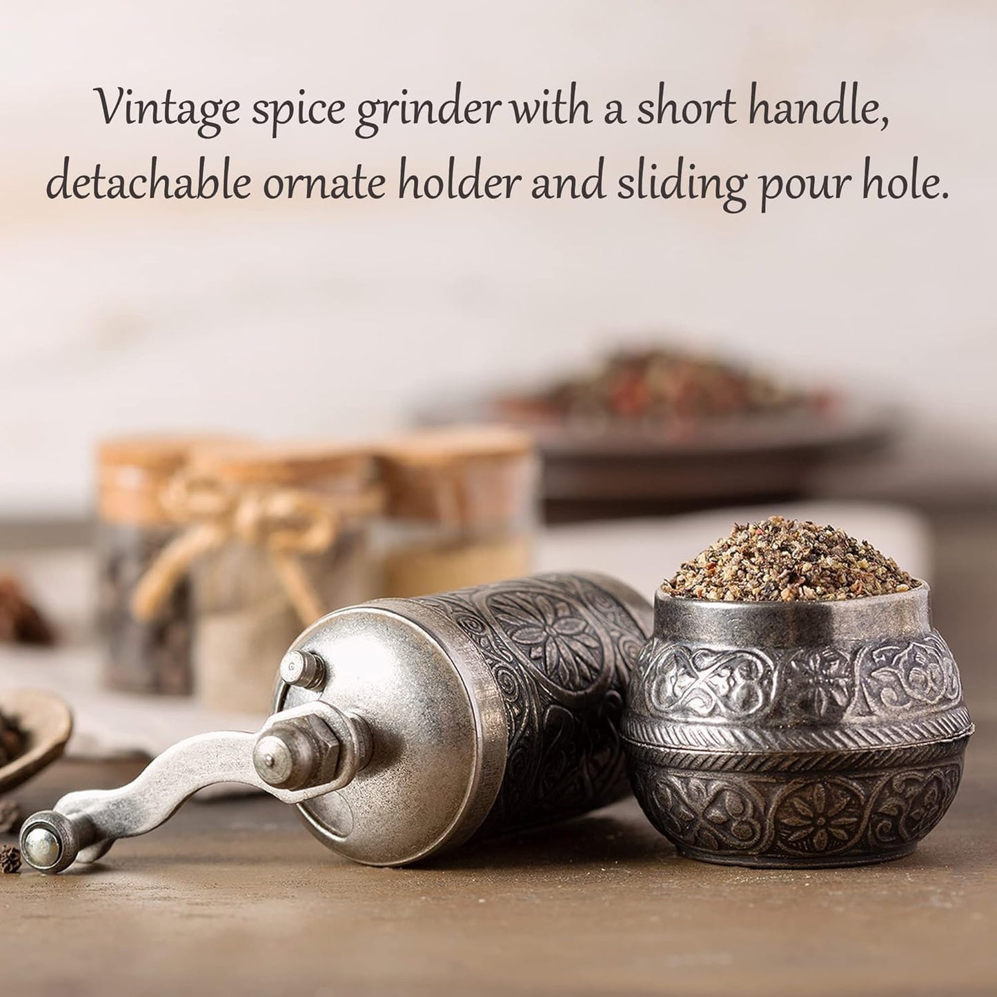 Decorative Black Pepper Grinder, Refillable Turkish Spice Mill with Adjustable Coarseness, Manual Pepper Mill with Handle, Spice Grinder Metal with Hand Crank, Dark Silver