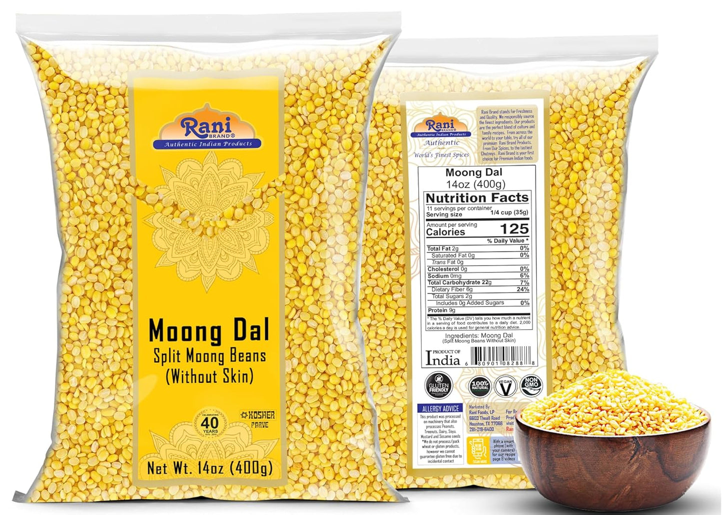 Rani Moong Dal (Split Mung Beans Without Skin) Lentils Indian 14oz (400g) ~ All Natural | Gluten Friendly | Non-GMO | Kosher | Vegan | Indian Origin