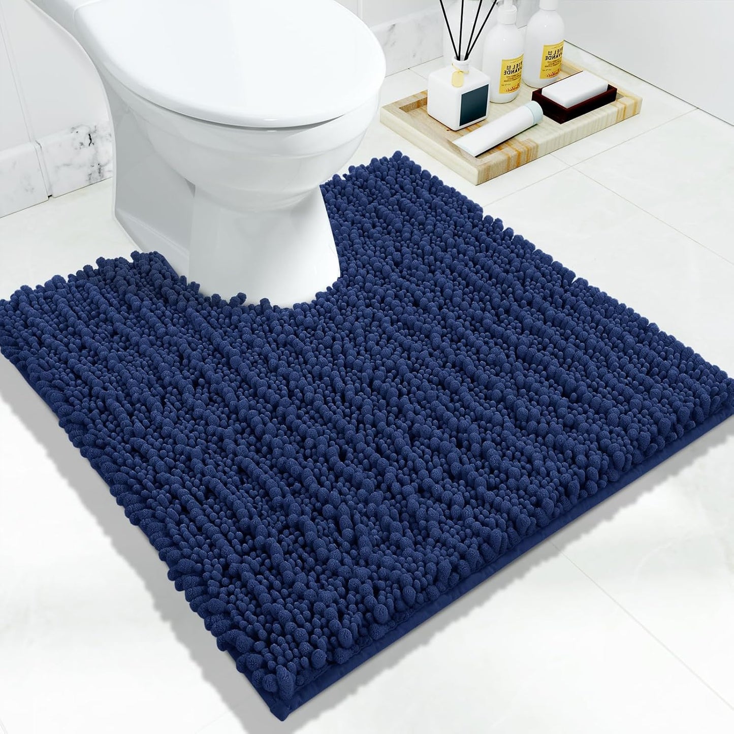 Yimobra Toilet Rug U Shaped Washable 24x20 Inch - Ultra Soft Absorbent Chenille Bath Rugs for Toilet, Quick Dry & Machine Washable, Non Slip Contour Bathroom Mat, Navy Blue