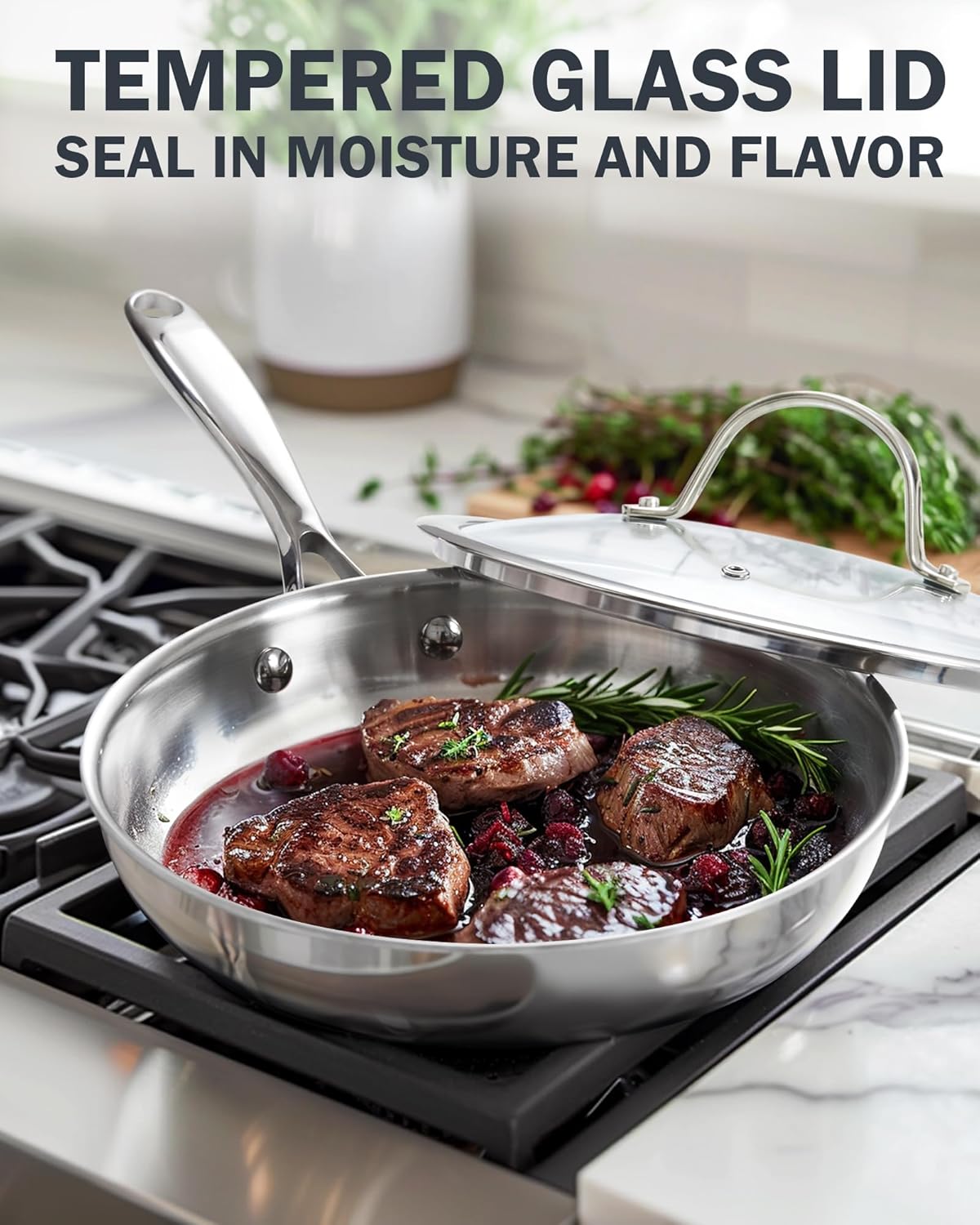 Cooks Standard Stainless Steel Frying Pan with Lid, 12-Inch Multi-Ply Clad Wok Stir Fry Pan, Kitchen Skillet, Silver