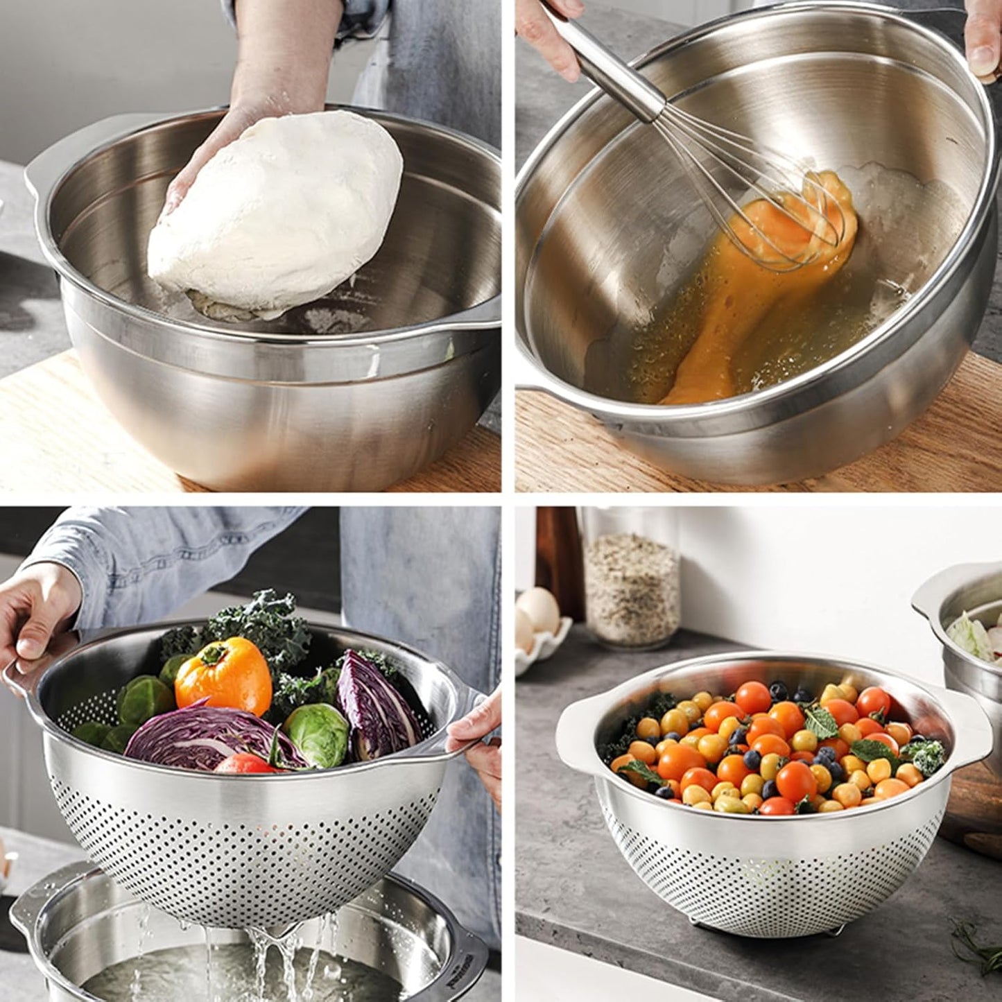 18/8 Stainless Steel Microwell Colander, 2.5QT Large Capacity with Handle Kitchen Food Strainer Basket for Washing Vegetables, Fruits, Rice, and Pasta (primary colour, 2.5QTColander+2.5QT Mixing bowl)