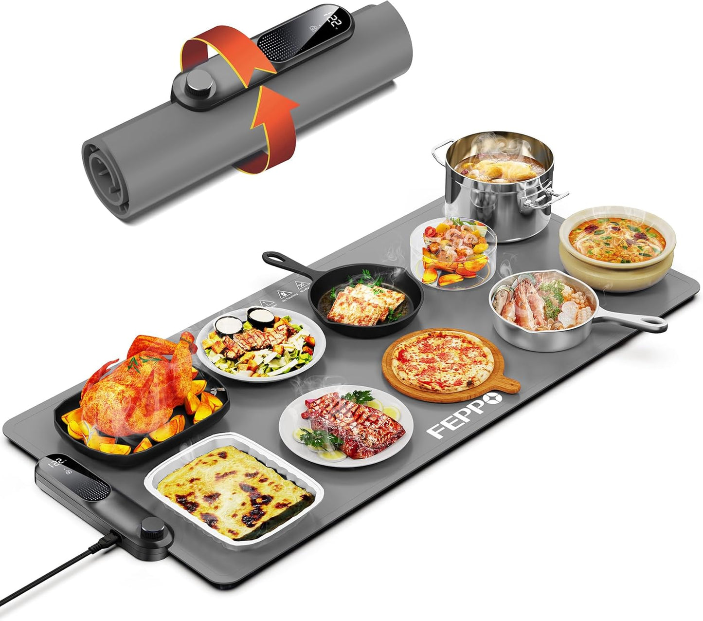 FEPPO Food Warming Mat, (XXL 35”x16”) Electric Warming Trays for Buffets Party, Fast Full-Surface Heating Mat for Food with 19 Level Adjustable Temperature and 6 Hours Timer, Roll Up Food Warmer