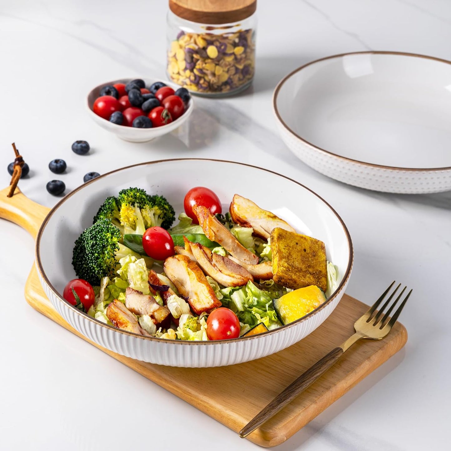 GBHOME 9.5'' Large Pasta Bowls, 42 Ounce Stoneware Salad Bowls for Kitchen, Ceramic Serving Bowls With Textured Pattern for Pasta,Fruit, Stews,Noodle, House-warming Gift,Set of 4-Off White