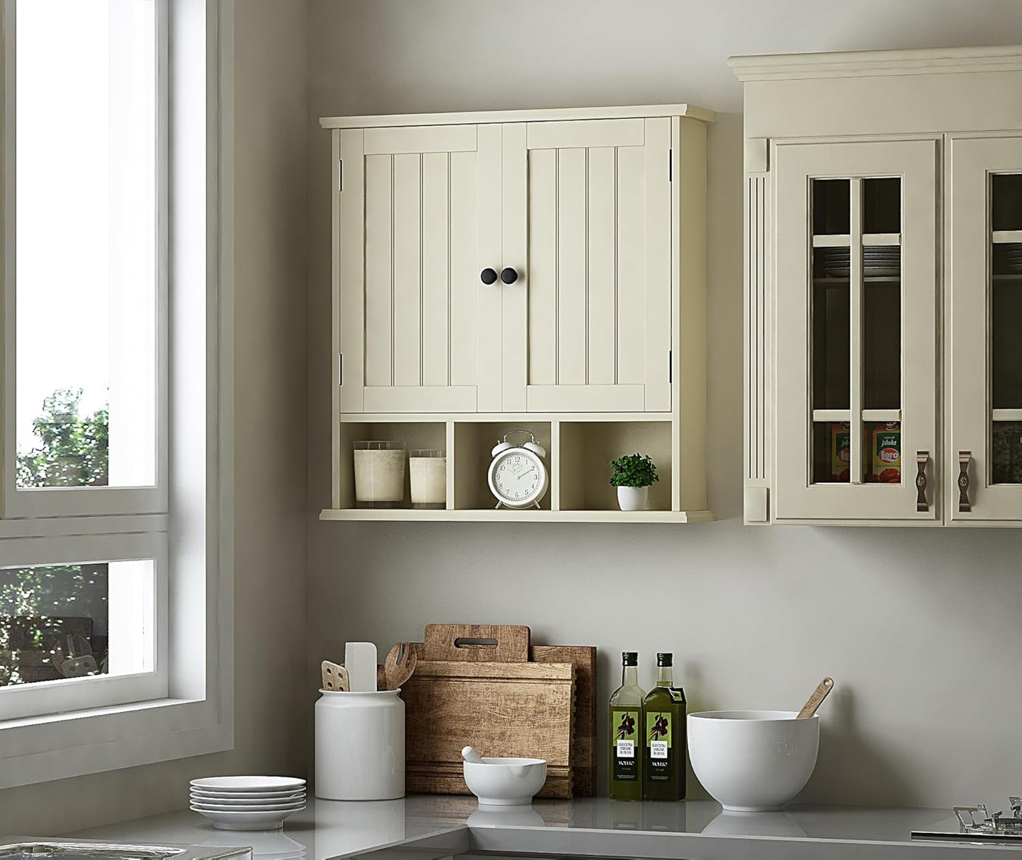 ChooChoo Bathroom Cabinet Wall Mounted 2-Door with 3 Open Shelves， Wooden Medicine Cabinets with Adjustable Shelf，Space Saver Storage Cabinets Over The Toilet for Bathroom&Living Room,Yellow