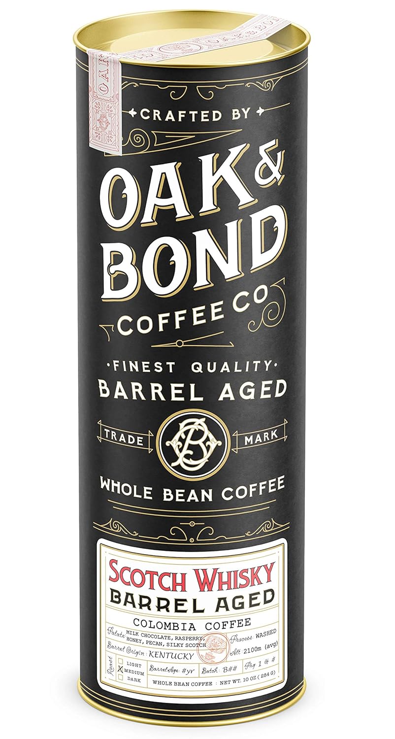 Scotch Whisky Barrel Aged Coffee, Colombia Single Origin Washed Whole Coffee Bean, Medium Roast w/Flavor Notes of Milk Chocolate, Raspberry, Honey, Silky Scotch by Oak & Bond Coffee Co. – 10oz.