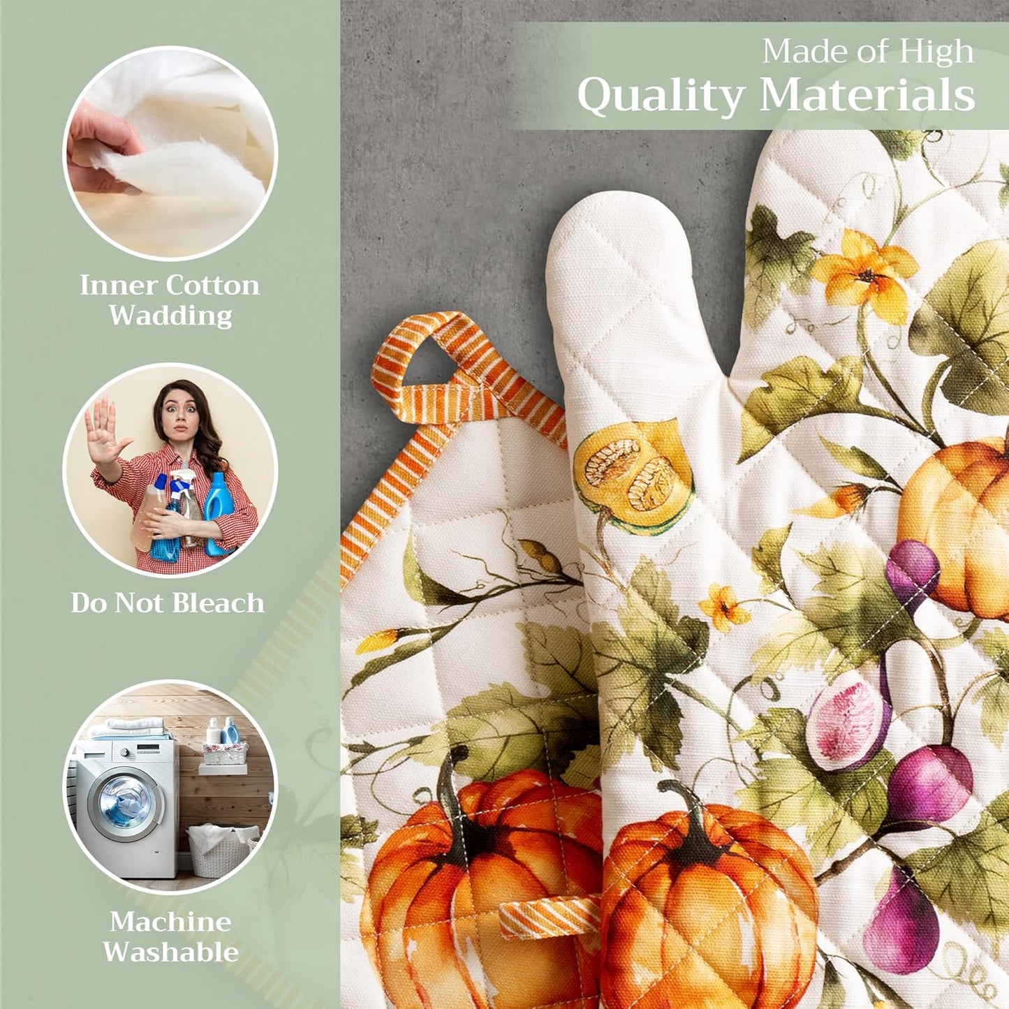 Maison d' Hermine 100% Cotton Oven Mitt & Pot Holder Set (7.5"x13" & 8"x8") Heat Resistant BBQ Cooking Gloves with Loop, Baking, Grilling, Kitchen, Handling Hot Pans (Pumpkin Garden - Cloudy Cream)