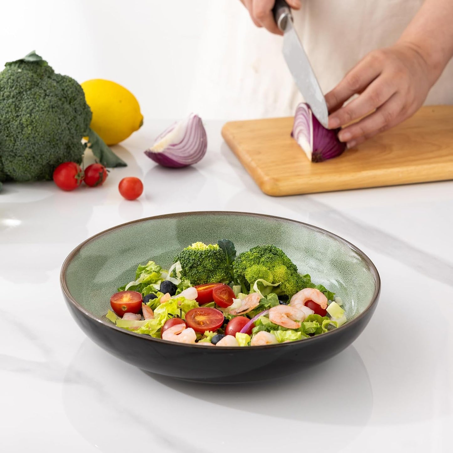 LERATIO Large Pasta Bowls,38oz Ceramic Pasta Bowls,9.0" Reactive Glaze Pasta Bowl Set of 6,Microwave & Dishwasher,Oven Safe,Wide Serving Bowls for Salad,Pasta,Fruit,Scratch Resistant-Light Blue