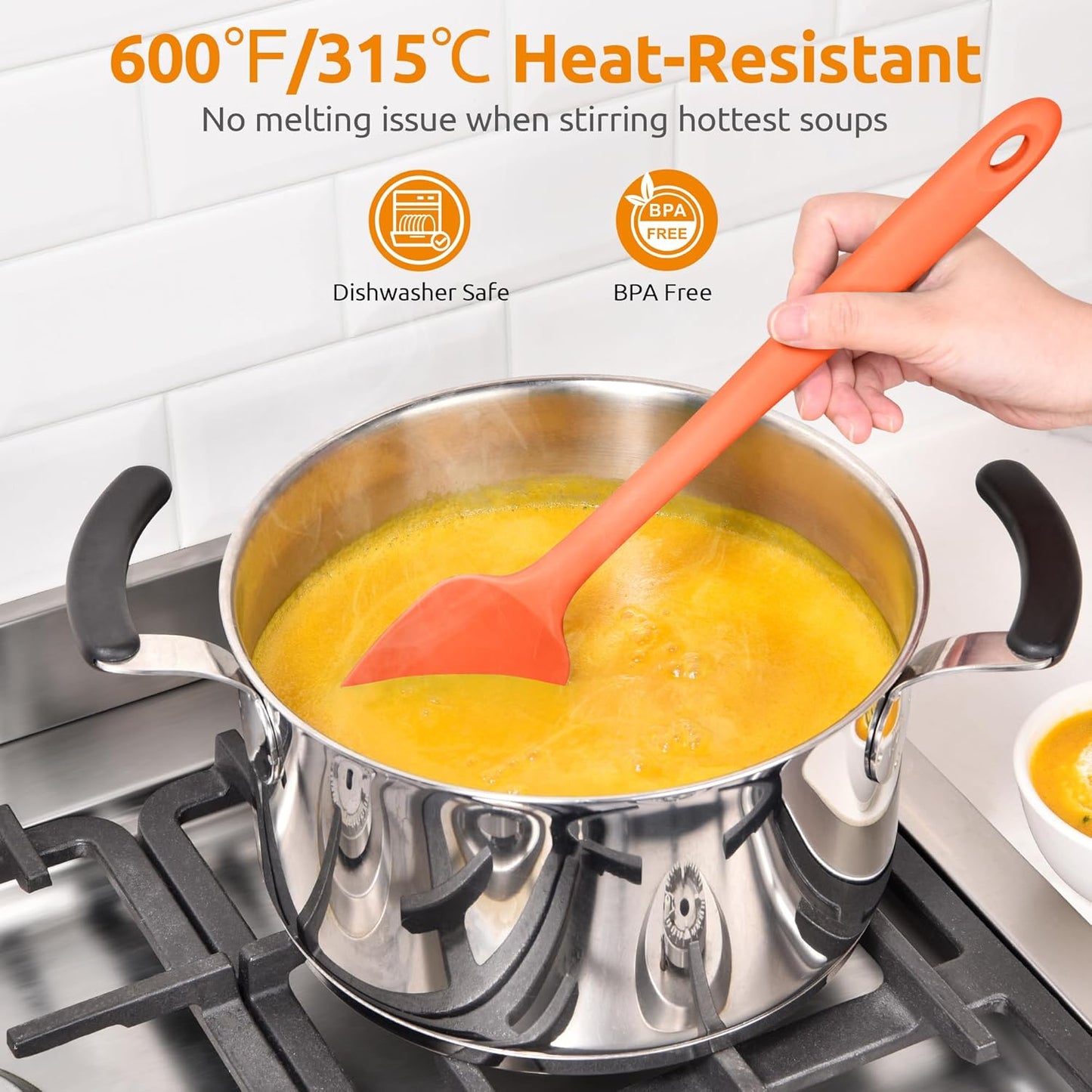 U-Taste Extra-Long 600ºF Heat Resistant Spatula Spoon: 14" Silicone Spoonula Cooking Utensils for Kitchen Use, Non-Stick Scoop Scraper with Soft Edge & Firm Core for Baking, Mixing, Serving (Orange)