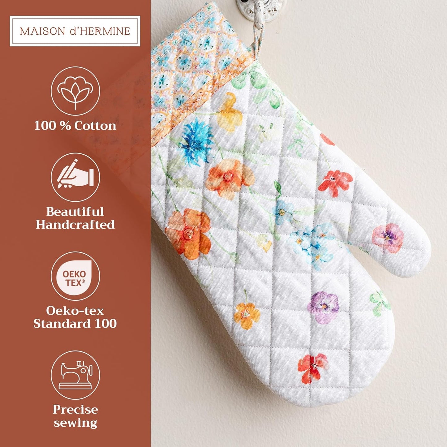 Maison d' Hermine Oven Gloves 100% Cotton Oven Mitt 7" x 13" with Loop Heat Resistant, BBQ, Cooking Gloves, Baking, Grilling, Kitchen, Handling Hot Pans Spring/Summer (Pack of 1, Summer Whisper)