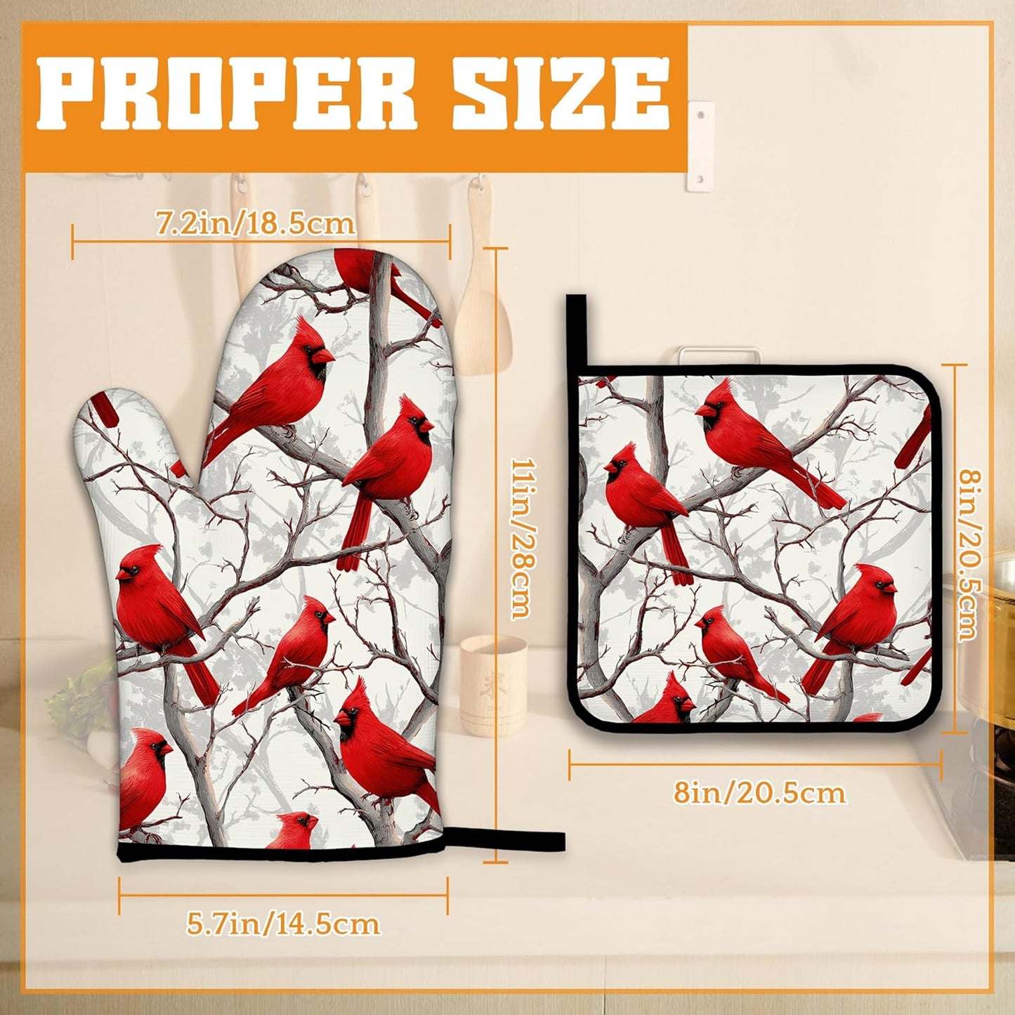 Red Cardinal Oven Mitts and Pot Holders Set,Christmas Winter Kitchen Oven Gloves and Pot Holder with Heat Resistant Non Slip for Cooking Baking Grilling(4 Piece Set)