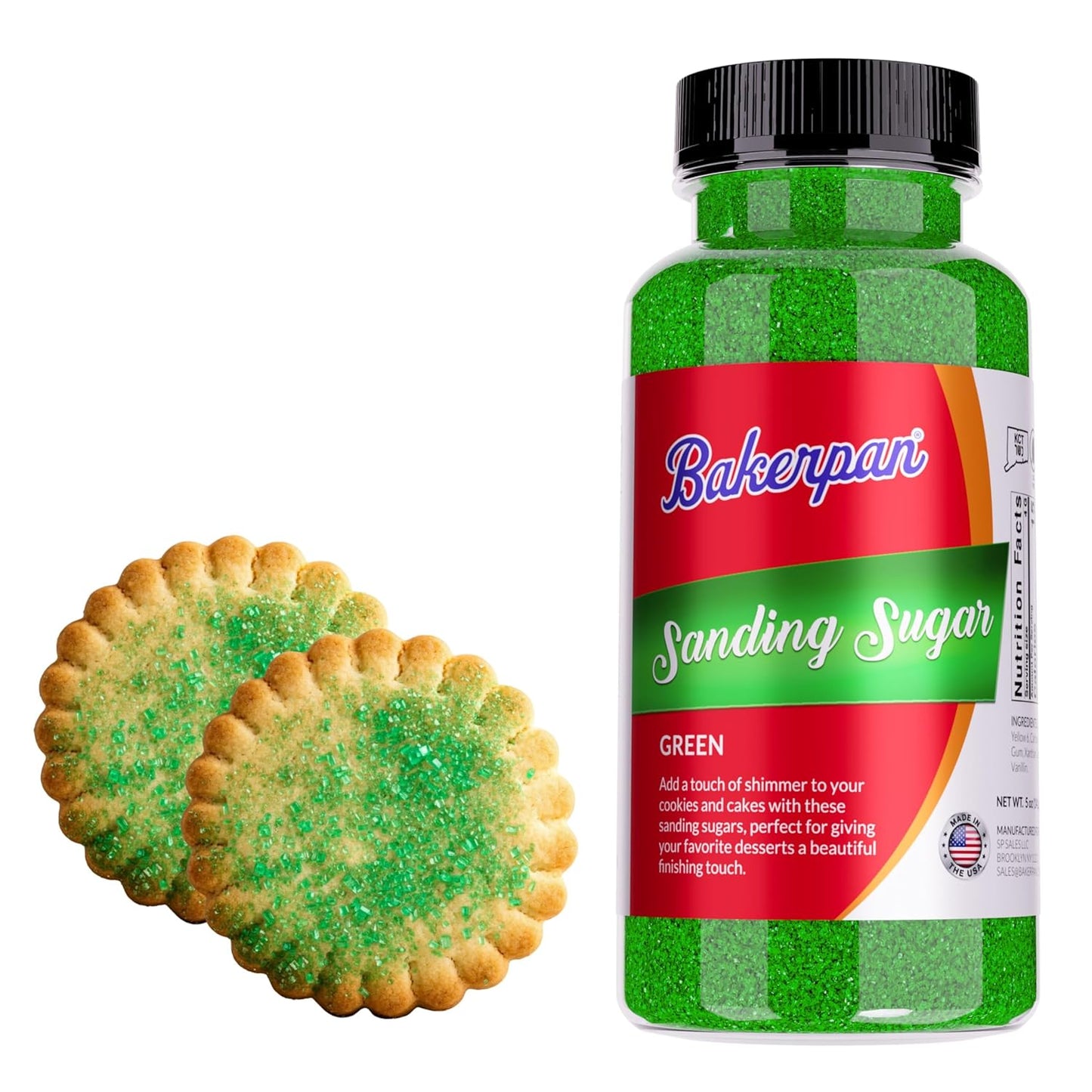 Bakerpan Green Sanding Sugar for Baking & Cookie Decorating - 5 Ounce Edible Green Sugar Sprinkles for Cookies, Cakes, Cocktails (Made In USA)