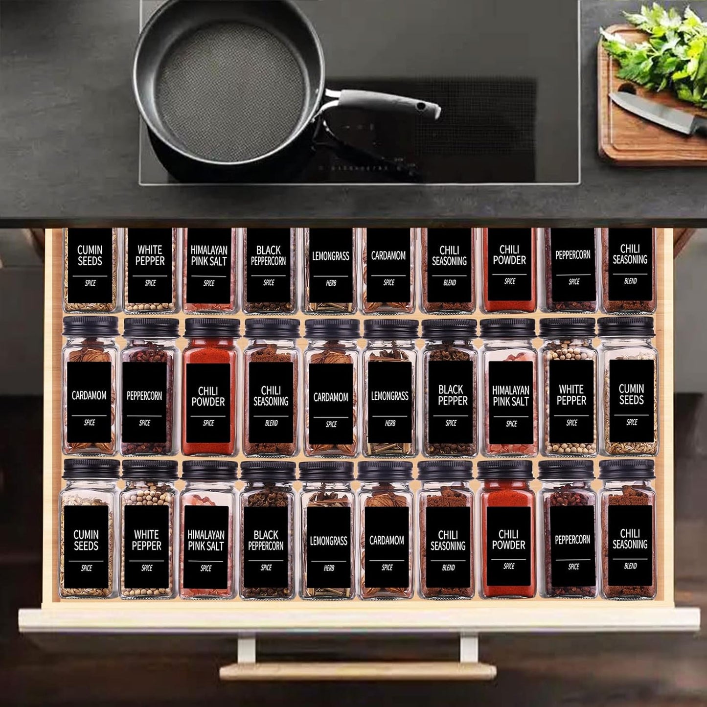 Churboro 25 Spice Jars with 547 Labels- Glass Spice Jars with Black Metal Caps, 4oz Empty Spice Containers with Shaker Lids, Funnel, Chalk Pen, Square Seasoning Bottles for Spice Rack, Drawer, Cabinet