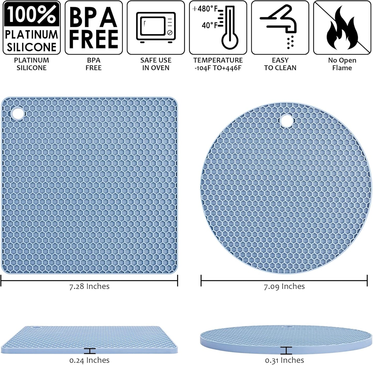 Silicone Trivets for Hot Dishes, Silicone Pot Holders for Tabletop, Trivet Mat Hot Pads for Kitchen, Trivets for Hot Pots and Pans, Heat Resistant Mats for Quartz Countertop Pad Set 4 Blue