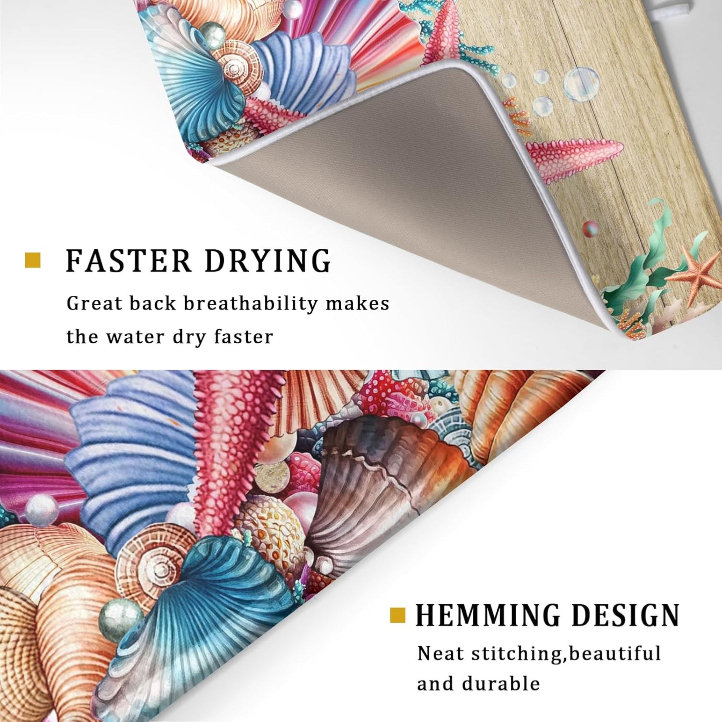 Summer Beach Dish Drying Mat - Seashells Starfish Absorbent Drying Matt Kitchen Counter for Home Decor