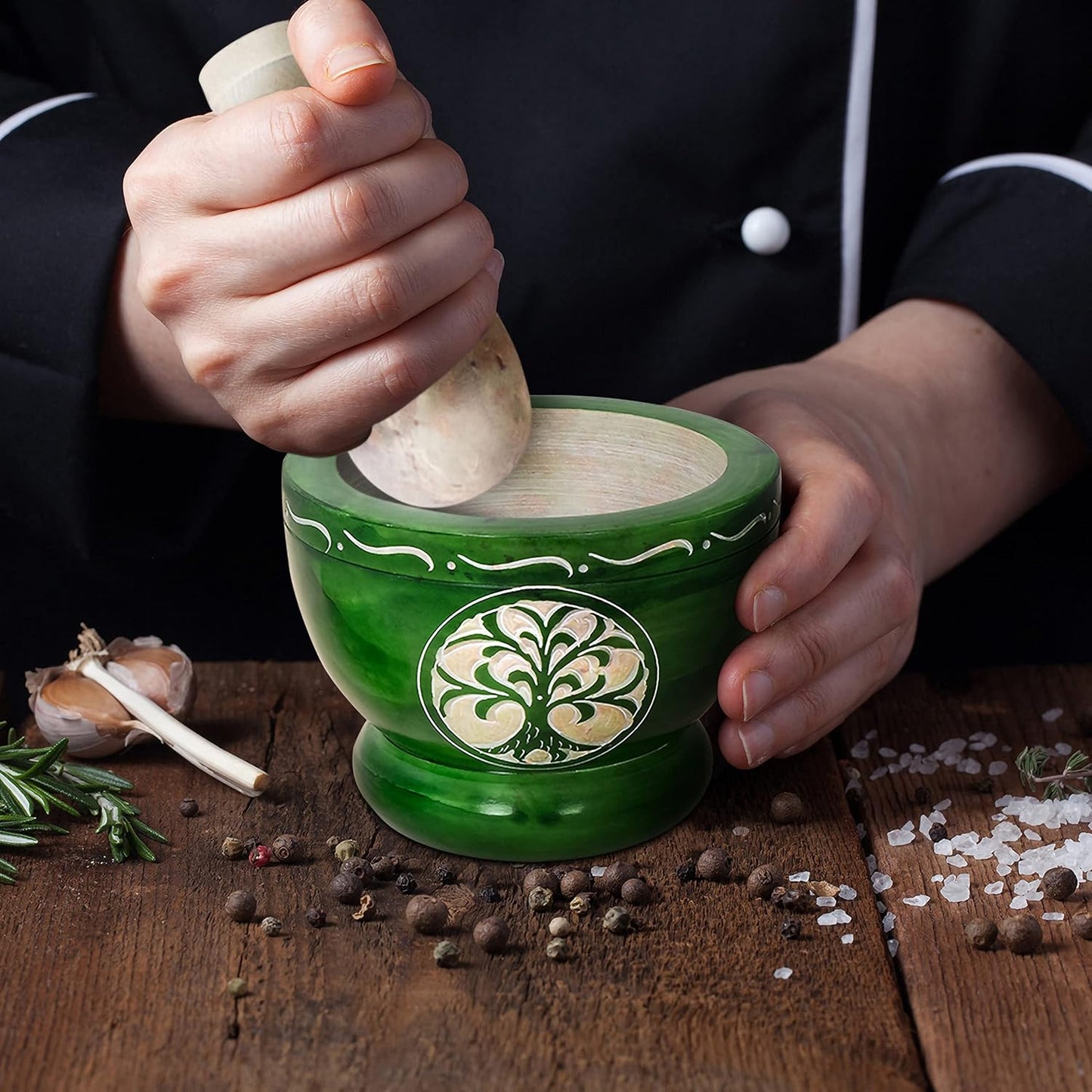 Mortar and Pestle, Made of Heavy Duty Polished Hard Stone, Natural Stone Grinder for Spices, Pastes, Herbs, Seasoning etc. (Green Tree of Life)