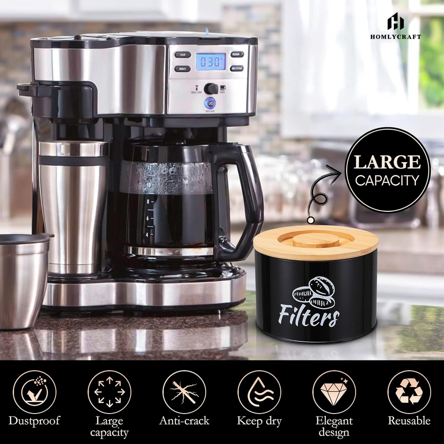 Coffee Filter Holder with Bamboo Lid – Filter Storage Organizer for Cone & Round Filters – Rustic Coffee Bar Container for Counter, Kitchen or Cafe Decor (Black).