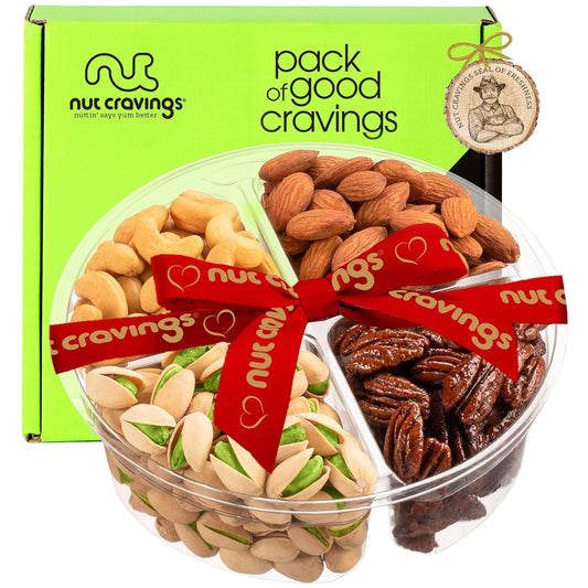 NUT CRAVINGS - Mixed Nuts Gift Basket + Heart Ribbon (4 Assortments) Food Arrangement, Healthy Snack Care Package, Food Assortments