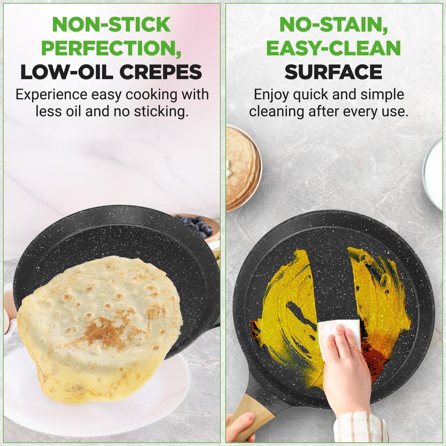 Nutrichef 2-Pack Non-Stick Crepe Pan Set – 11” Marble Coated Dosa Pans with Wooden Spreaders, Bakelite and Wood Handles, Induction-Compatible, Easy-to-Clean, Stain-Resistant (Black Marble)