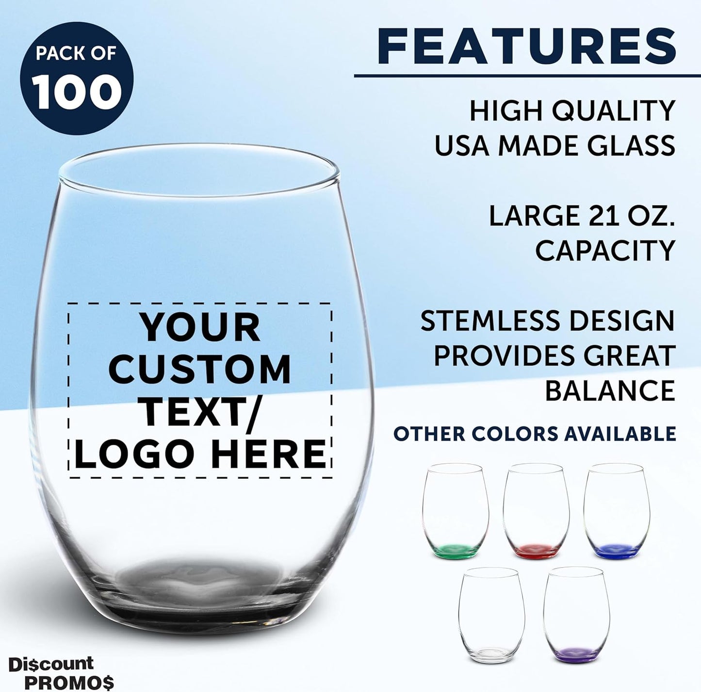 DISCOUNT PROMOS 100 ARC Stemless Wine Glasses Set, 21 oz. - Customizable Text, Logo - Chardonnay, Cabernet, Merlot, Sauvignon - Black