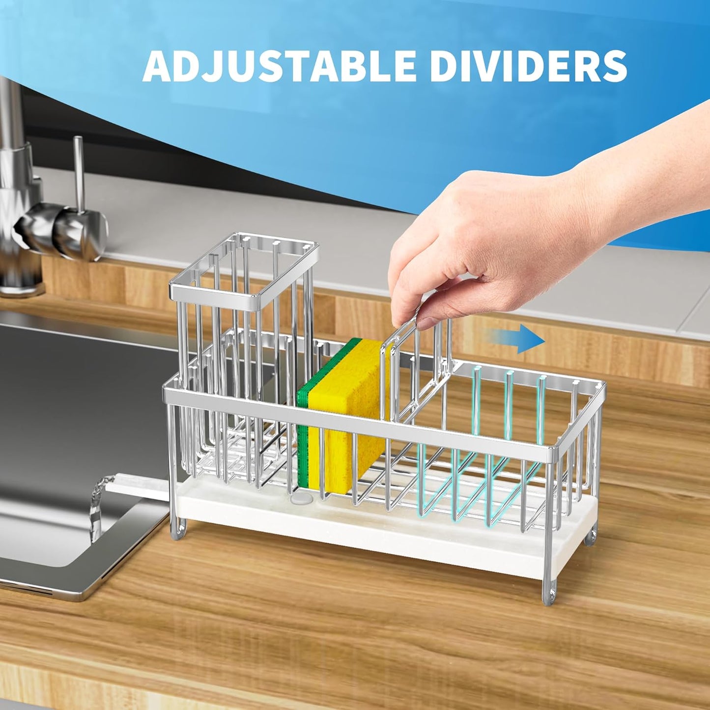 Cisily Silver Sponge Holder for Kitchen Sink, Sink Caddy Organizer with High Brush Holder, Kitchen Countertop Organizers and Storage Essentials, Rustproof 304 Stainless Steel, Soap Dispenser Organize