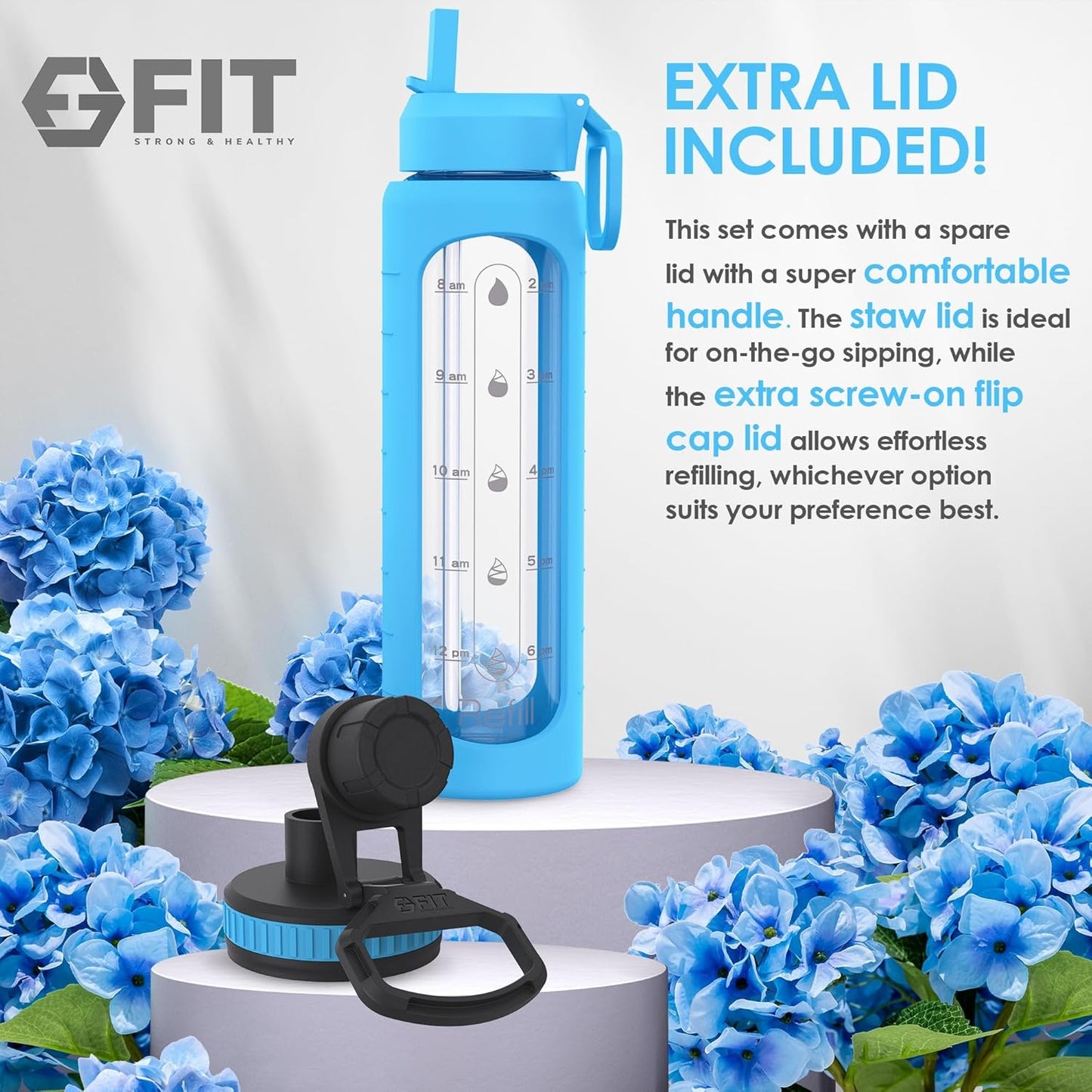 FIT Strong & Healthy 32 oz Glass Water Bottle with Straw Lid, Time Marker, Sleeve & Extra Lid - Motivational, Wide Mouth 1 Liter Glass Drinking Bottle