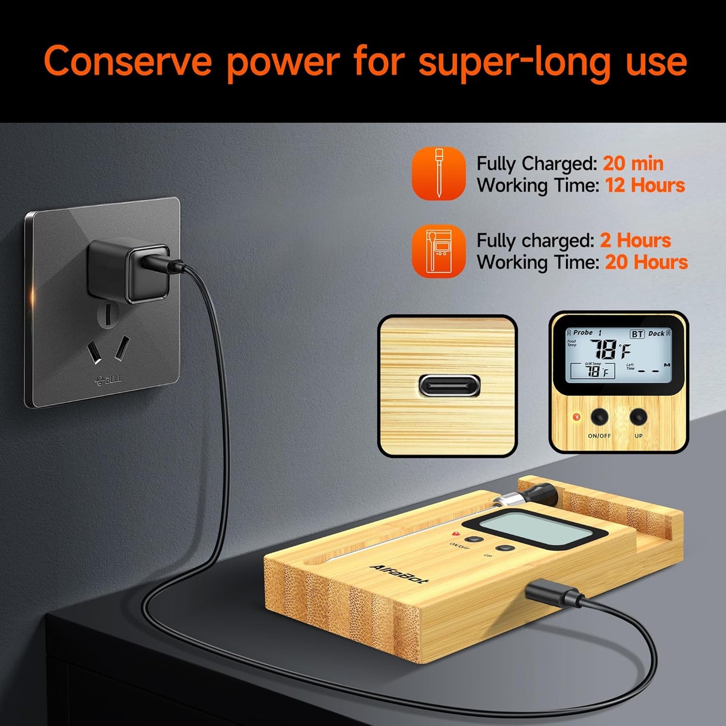 AlfaBot Wireless Meat Thermometer, Bluetooth Meat Thermometer for Turkey Beef Lamb, Digital Food Thermometer for Remote Monitoring of BBQ Grill/Rotisserie/Smoker/Kitchen/Oven(Small)