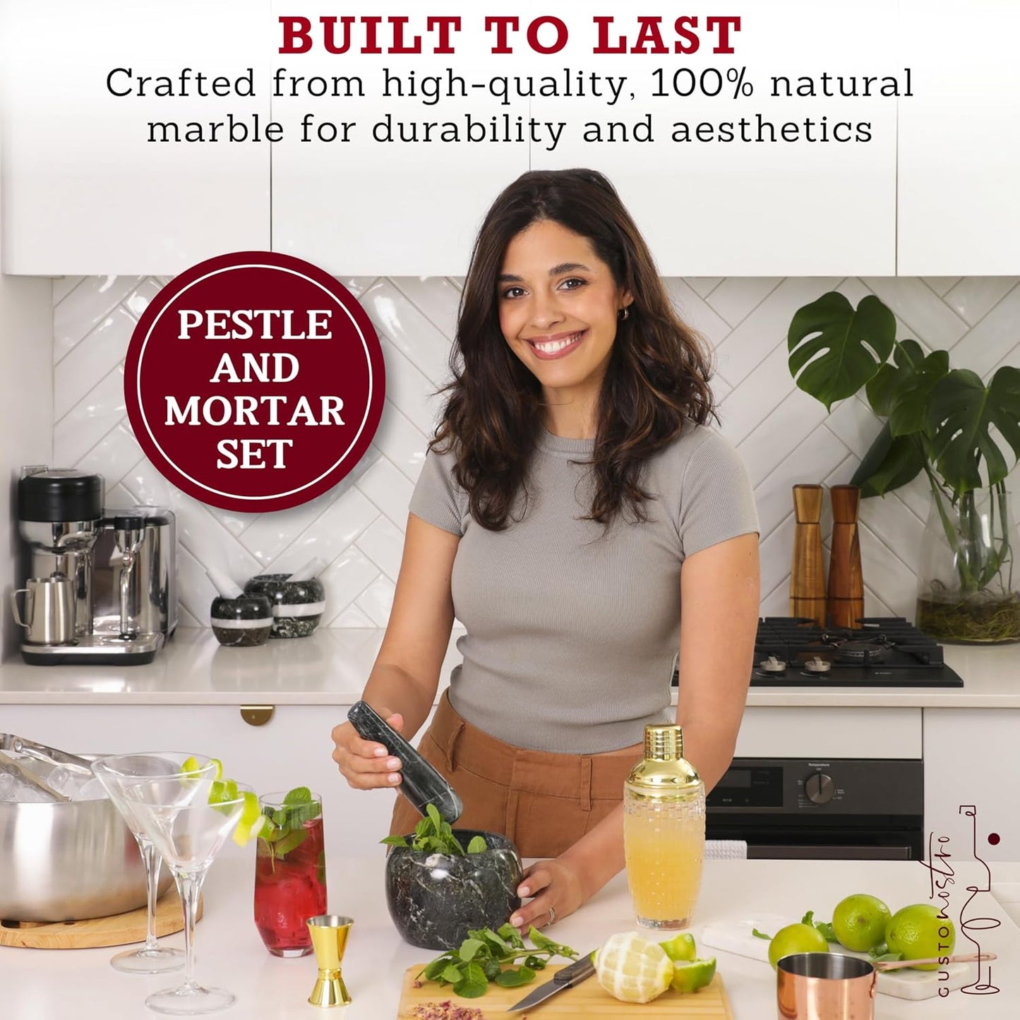 Gusto Nostro Natural Marble Mortar and Pestle Set | 5 Inch - 2.5 Cup Large Mortar Pestle Set for Grinding Herbs, Nuts, Grains | Pesto Grinding and Guacamole Stone Bowl | Marble Spice Crusher