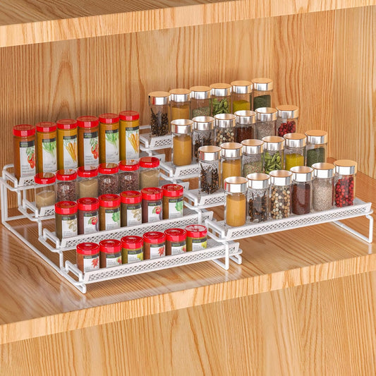 4 Tier Spice Rack Organizer for Inside Cabinet Expandable Display Riser Shelf Seasoning Organizer for Countertop Cupboard Pantry Adjustable Step Storage Holder with Protection Railing (White, 2PC)