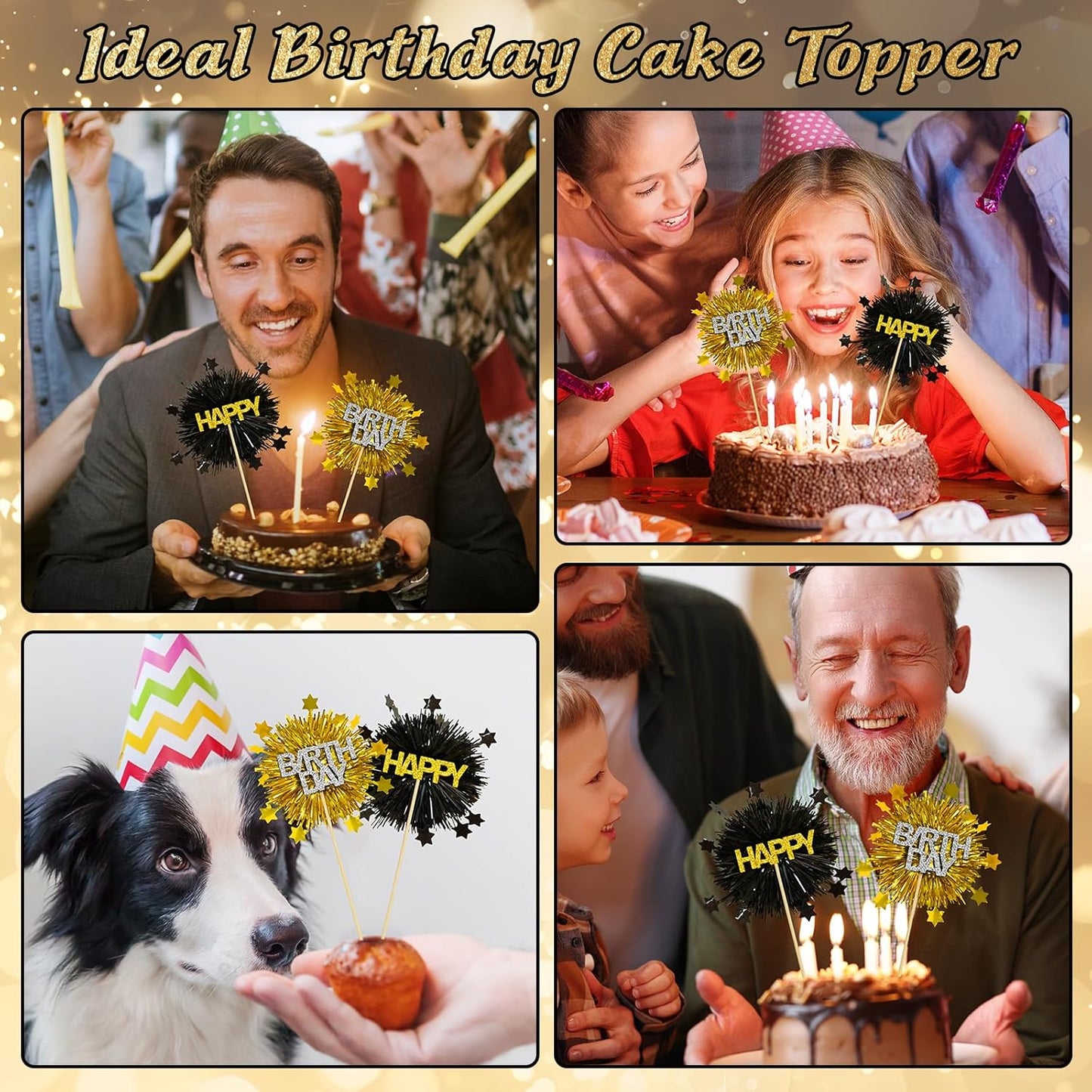 LOLStar 12 PCS Happy Birthday Cake Toppers, Black and Gold Foil Cupcake Toppers, Glitter Tinsel Cupcake Decor, Food Picks Drink Stirrers Cocktail Toothpicks for Celebrating Party Supplies