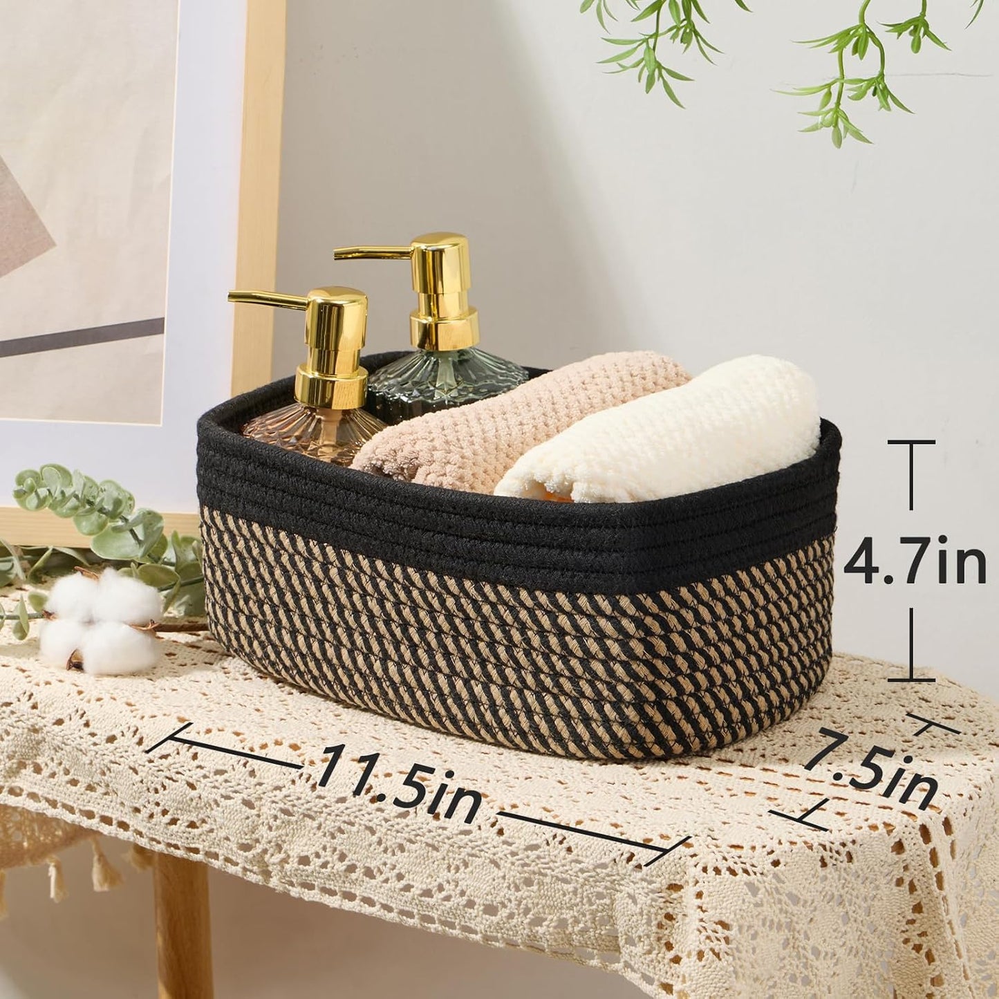 Small Storage Baskets for Organizing | Closet Organizer Bins | Shelf Toy Basket | Woven Rope Baskets | Cube Decorative Box | Shallow Basket | 11.5x7.5x4.7” | 4 Packs Black Brown
