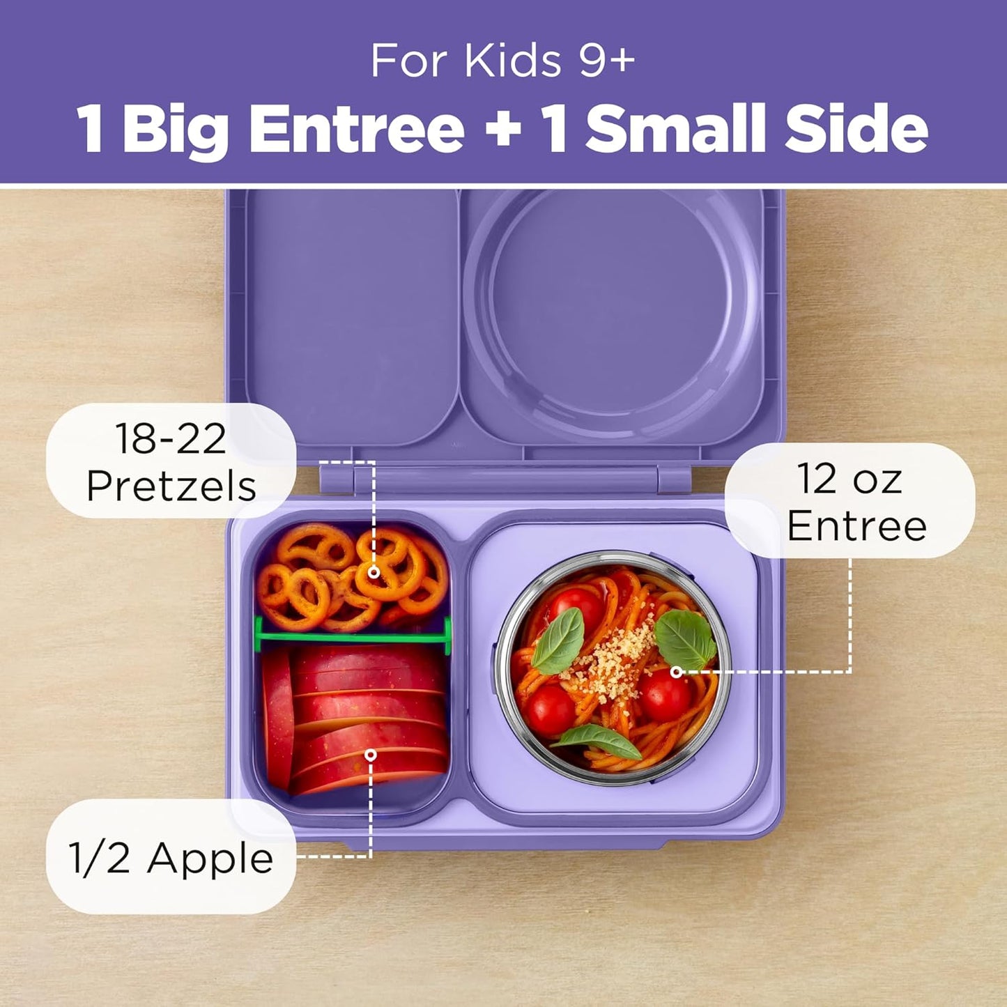 Omie OmieBox UP bento Box for Kids | Insulated Lunch Box | Leak Proof Vacuum Insulated Thermal Food jar | Cooler ice Pack | 2 Compartments (Galaxy Purple)