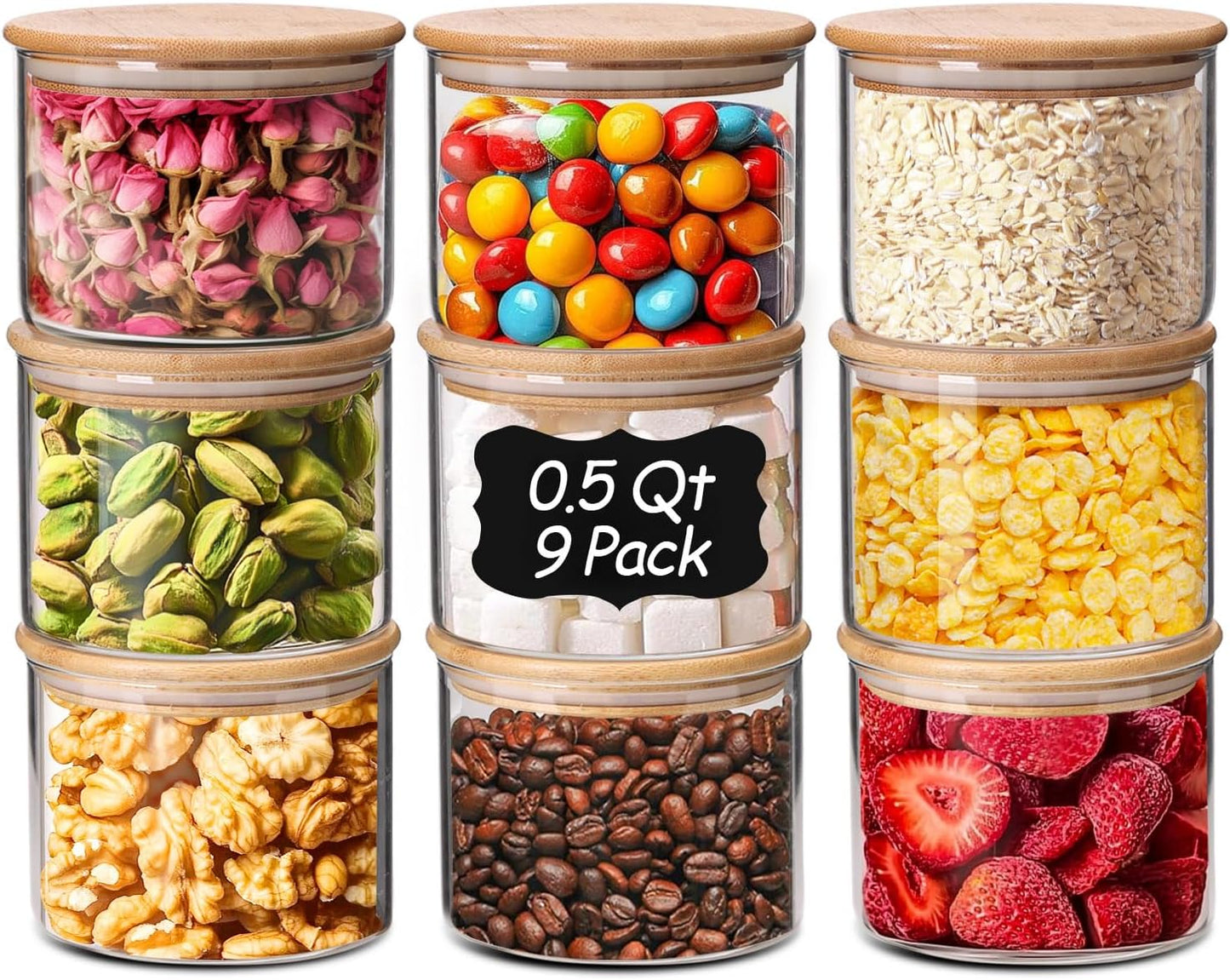 ComSaf 0.5 Qt Glass Food Storage Jars Set of 9, Clear Glass Storage Containers with Lids, Pantry Organization Jar, Spice, Salt, Blooming Tea, Coffee, Oat and Sugar Container, Small jar Set for Kitchen