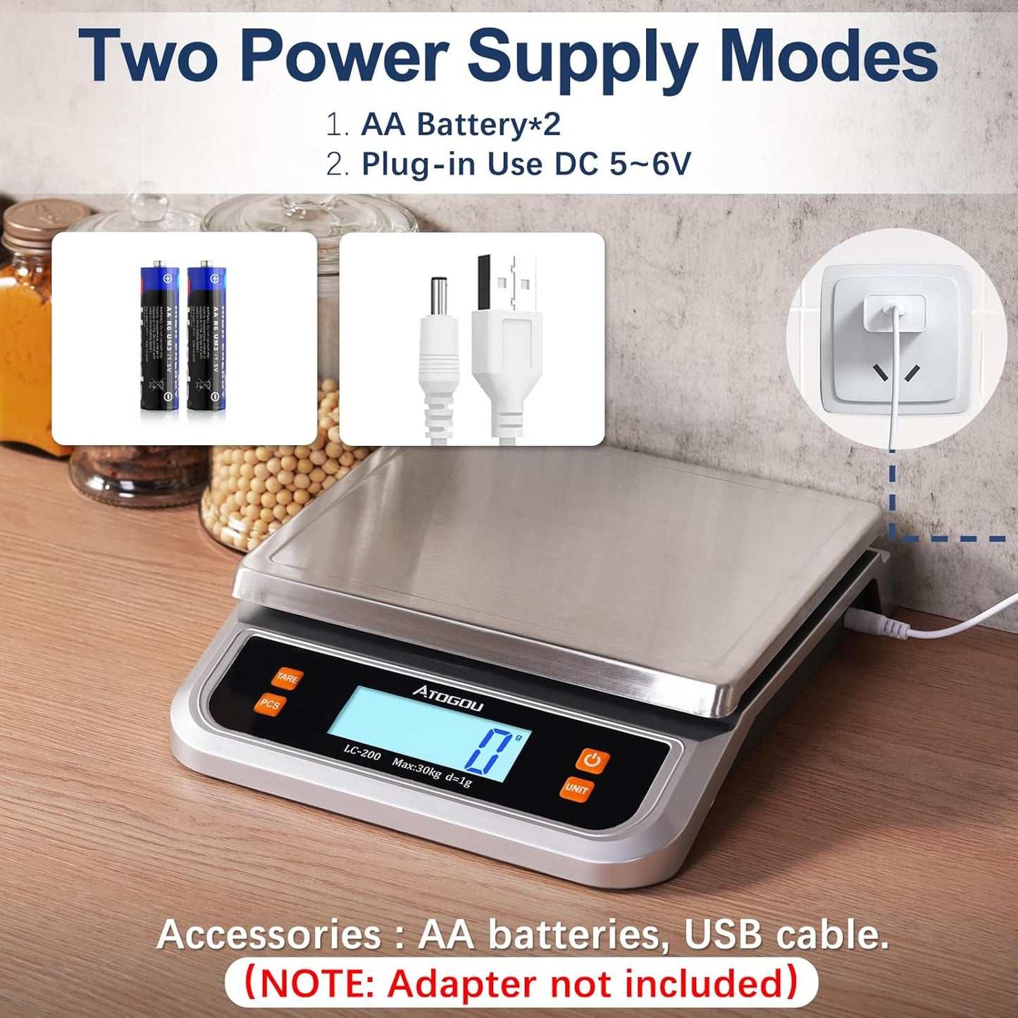 88lb Food Scale, Commercial Kitchen Scale Plug-in Usable with Full View LCD Display, Stainless Steel, for Baking, Bread, Cooking, Meat, Vegetables, Farm, Industry LC200