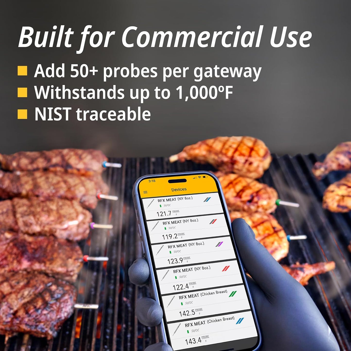 RFX | Smart Wireless Meat Thermometer | Wi-Fi & Radio Frequency | Stronger Signal Than Bluetooth | Meat Probe for Use in Smoker, Grill, BBQ, Oven - 4-Probe Kit