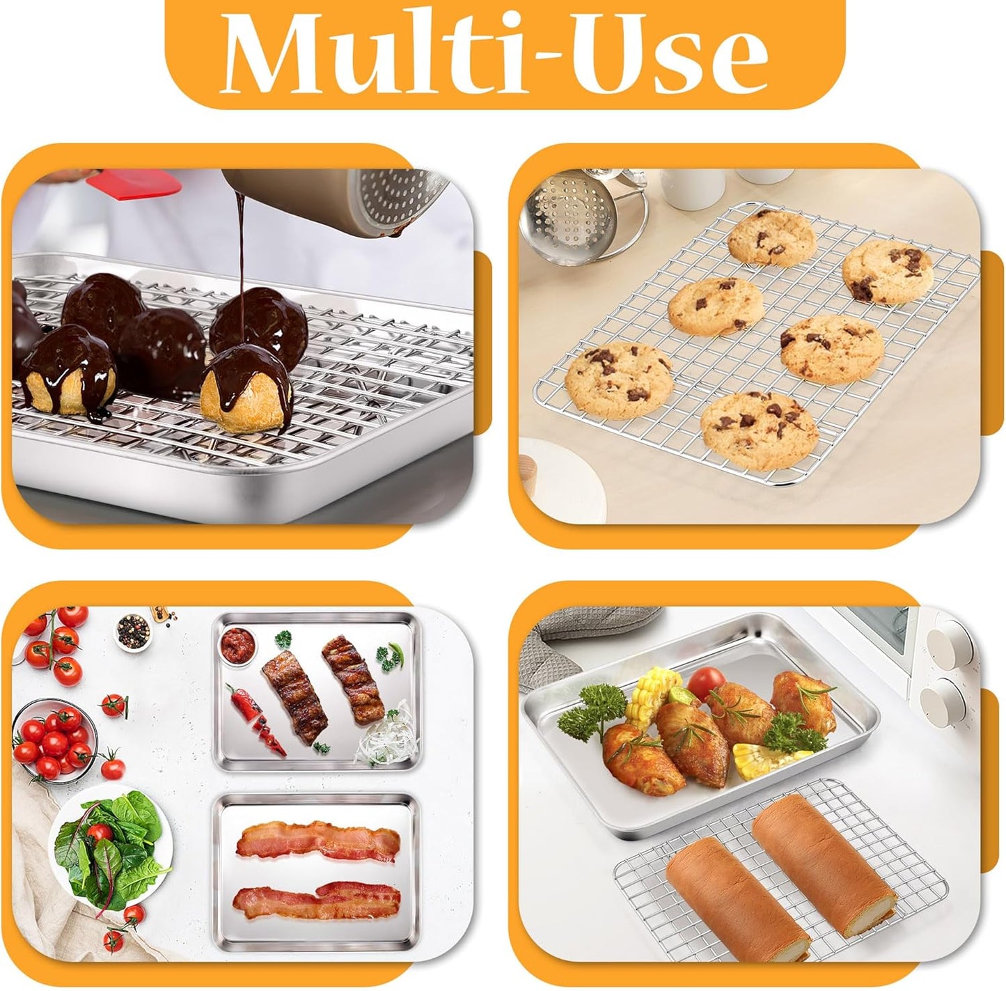 TeamFar Toaster Oven Pan with Rack Set, 10.5 x 8 x 1 Inch Stainless Steel Small Baking Pan Tray with Grid Rack for Baking Roasting Cooling, Non-Toxic & Heavy-Duty, Dishwasher Safe, (2 Pans + 2 Racks)